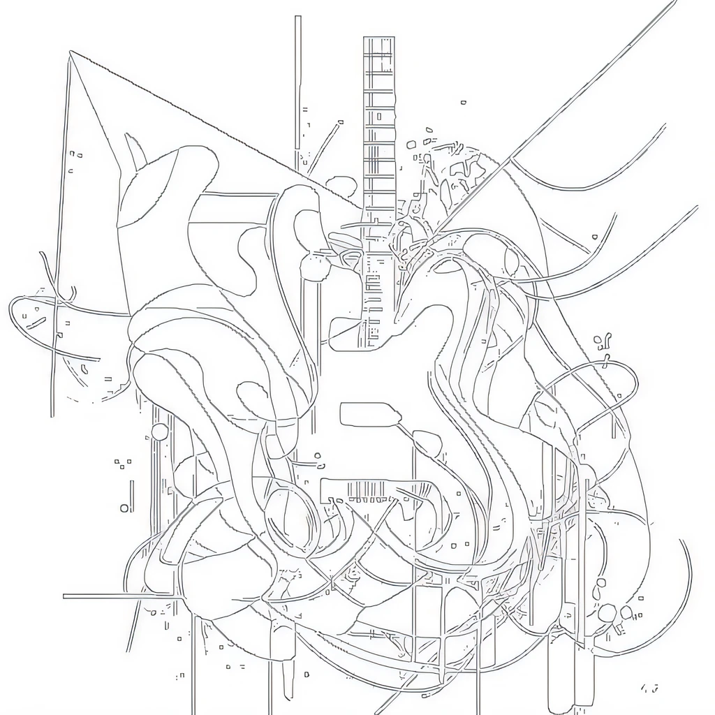 um desenho de uma guitarra com um suporte de guitarra e uma guitarra, Linha - Arte, line art illustration, bionic drawing exploded, arte de linha, arte da linha vetorial, desenho de linha, arte de linha detalhada, Arte de linha vetorial espessa, arte de linha hiper detalhada, Desenho detalhado de linhas a tinta limpa, arte de linha fina, colouring - in sheet, arte conceitual da guitarra, Arte de linha intensa, variable lineart