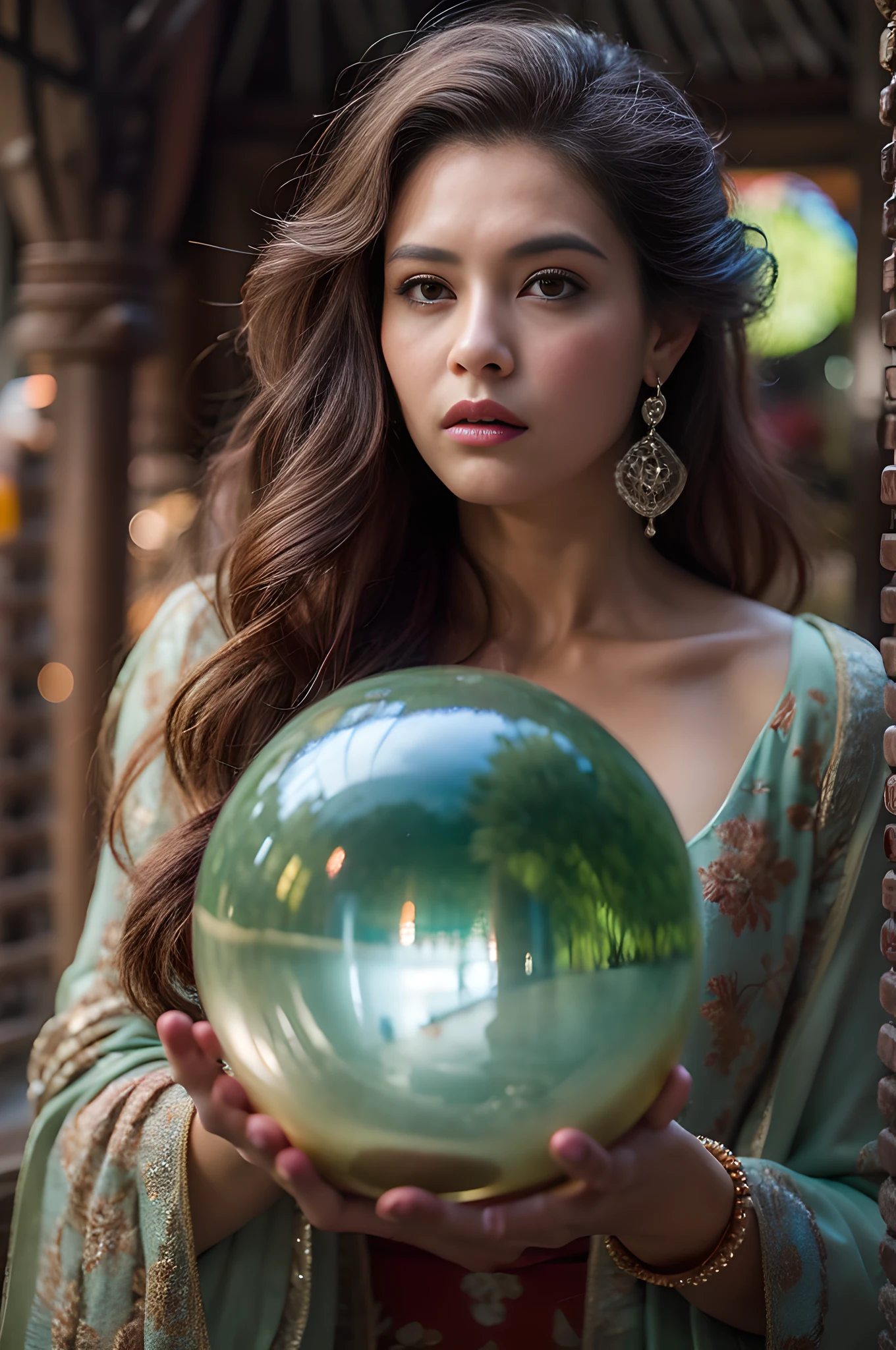 most beautiful woman gazing into a crystyal ball she is holding, hyper attractive, seductive, very complex, hyper - maximalist, overdetailed, legendary cinematic, archetype with timeless beauty breathtaking eyes, highly intricate, realism, perspicious detail, photorealistic, lifelike, dslr 8 k, unbeatable coherency, sakimichan, deviantart