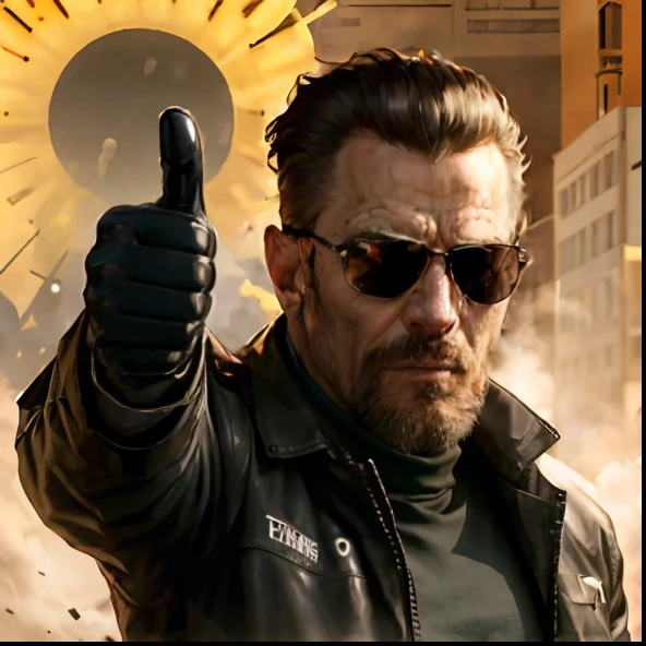 Arafed man in black jacket and sunglasses giving thumbs up, T-800, t - 8 0 0, Filme do Exterminador do Futuro 2, Terminador, Aprovado, terminador t 8 0 0, O Exterminador do Futuro, Schwarzenegger, Exterminador do Futuro 2, Ainda do filme O Exterminador do Futuro, dando os polegares para cima, como matriz, giving a thumbs up to the camera, dando um polegar para cima