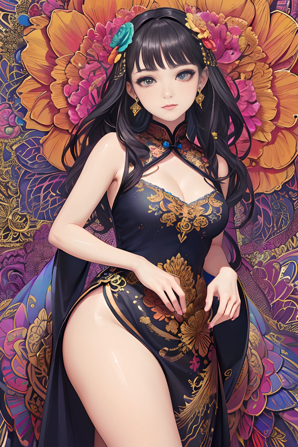 (masterpiece, top quality, best quality, official art, beautiful and aesthetic:1.2), (1girl:1.3), extremely detailed,(fractal art:1.1),(colorful:1.1)(flowers:1.3),highest detailed,(zentangle:1.2), (dynamic pose), (abstract background:1.3), (chinese dress:1.2), (shiny skin), (many colors:1.4), ,(earrings:1.4),