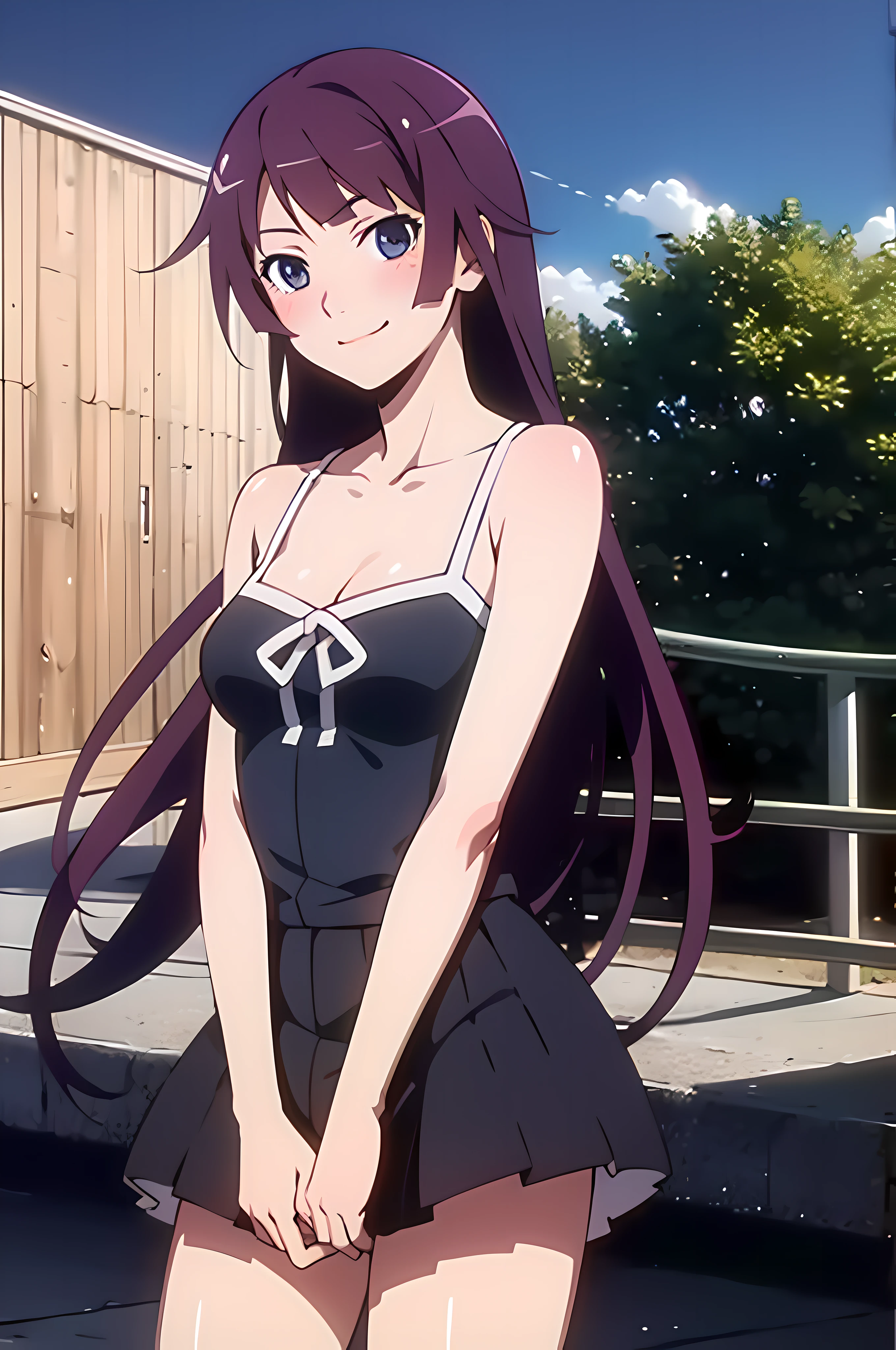 sh1, senjougahara hitagi, long hair, high quality, 4k, blush, smile