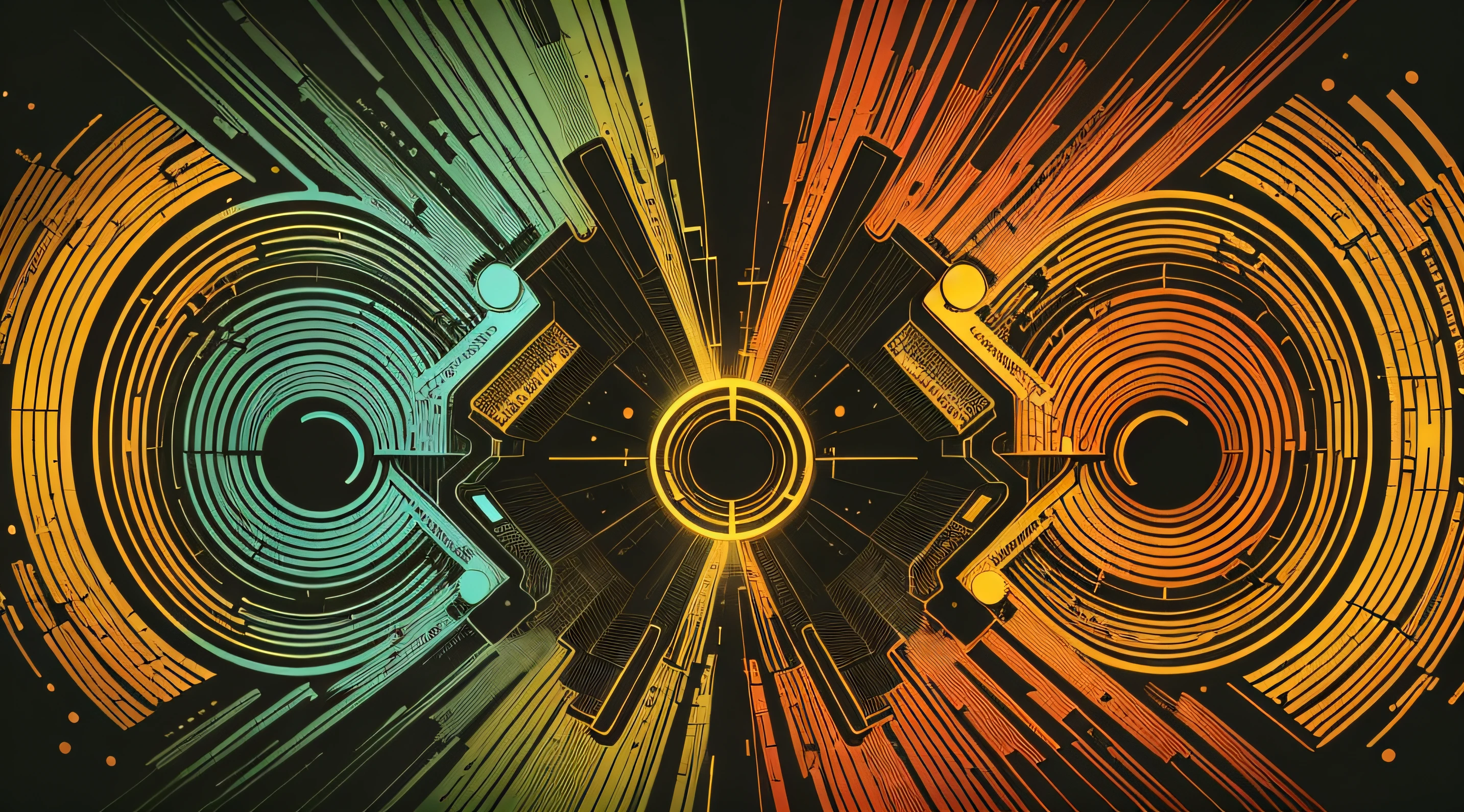Symmetrical digital design, com linhas curvadas, Bright colored illustration, amarelo, preto, branco, com efeitos de raios de flash, linhas neon, (UHD, 8k:1.5)