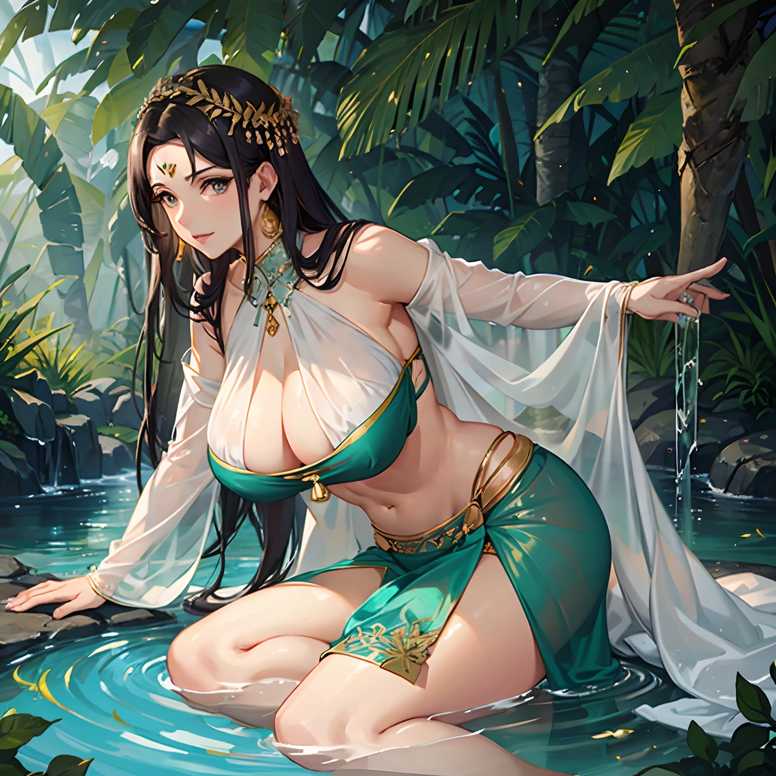 Goddess mother in her 40s, huge boobs, defined facial feature, abs in a see-through saree near a pond in a lush green forest