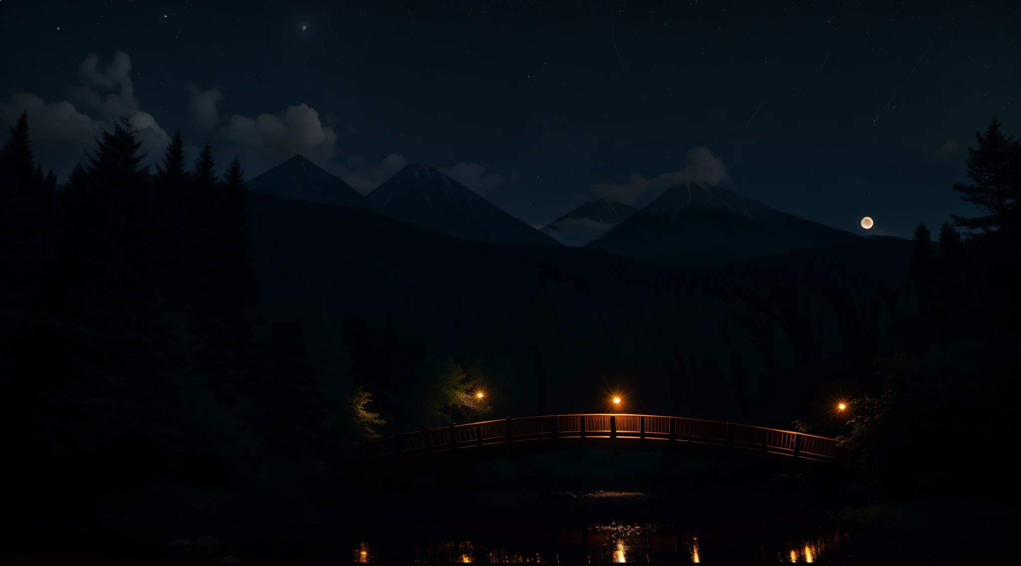a forest at night with a large wooden bridge between the trees and the mountains, a bright moon in the sky and fireflies and lights among the trees and a mist on the ground with a long-haired woman walking over the bridge