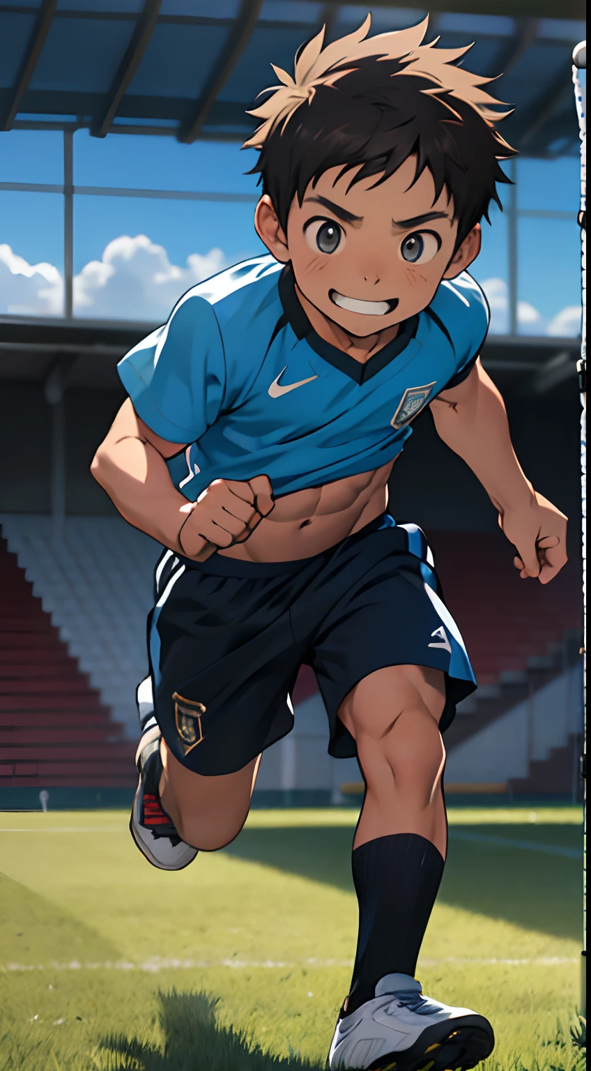(masutepiece, Best Quality),1boy,(e boy,childd,Boy's face),a baby face,ideface,Taking off his shirt on the soccer field,infancy,young age,short round face,Flat chin,finely detaild face,well-muscled,short-hair,radiant eyes,opens his eyes wide,with an intricate,full body Esbian,nakeness,Abs pectoral muscles,vivd colour,(depth of fields:1.2),(Abs),Look next door,Full body portrait of smiling face