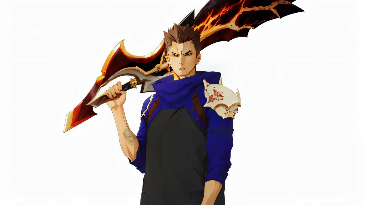 anime character with a knife and a mask holding a knife, as a badass monster hunter, human and dragon fusion, with leviathan axe, segurando cimitarra irregular, Epic anime style, inspirado em Kamisaka Sekka, fan art, DND Fantsay Arte, pintado no estilo arcano, arte do jogo!!, empunhando foice, com espada grande