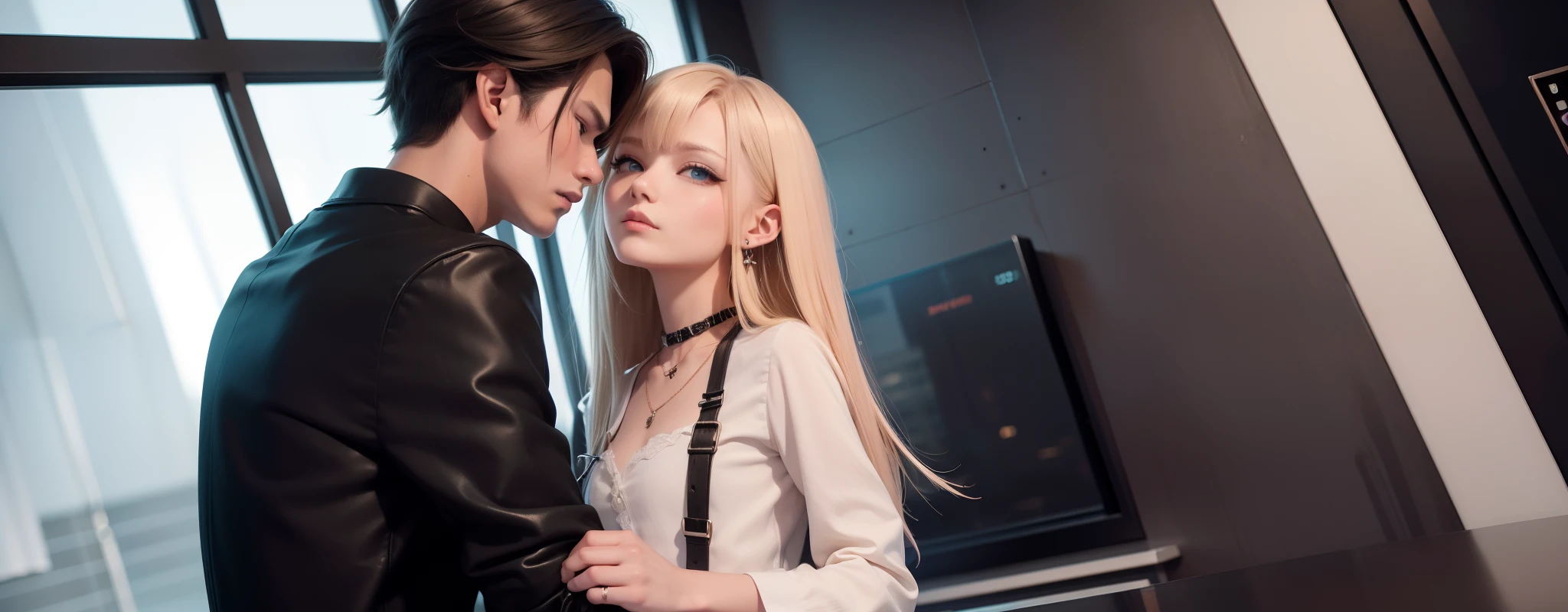 masterpiece, top-quality, 2Others, Male and female couples, 1 man and 1,, Adults, Height difference, different fashion, different color, finely eye and detailed face, intricate detailes, Casual clothing, Oversized shirt, Modern urban streets, Hands on back, A smile, Happiness, tenderness, high-level image quality、 Beautiful men and women、tall、hug from behind、Trying to kiss、window、nightfall、nighttime scene、𝓡𝓸𝓶𝓪𝓷𝓽𝓲𝓬、Korean Male, Idol Photos, k pop, Professional Photos, Vampires, Korean fashion in black and white, Fedoman with necklace, inspired by Sim Sa-jeong, androgynous vampire, :9 detailed face: 8, extra detailed face, detailed punk hair, ((asa)) baggy eyes, Seductive. Highly detailed, semi realistic anime, Vampires, hyperrealistic , delicate androgynous prince, imvu, short hair above the ears, Man with short hair, Woman with long hair, A man with a glaring expression and a woman with a gentle expression, With a bright blonde short-haired man, Woman with pretty long pink hair and light blue eyes