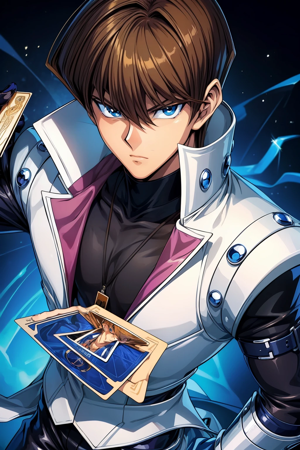 (masterpiece, best quality, ultra-detailed), 1boy, blue eyes, brown hair, sexy pose, man body, portrait shot, looking at viewer, serius expression, Seto Kaiba, with a card in the hand, wallpaper, 4k