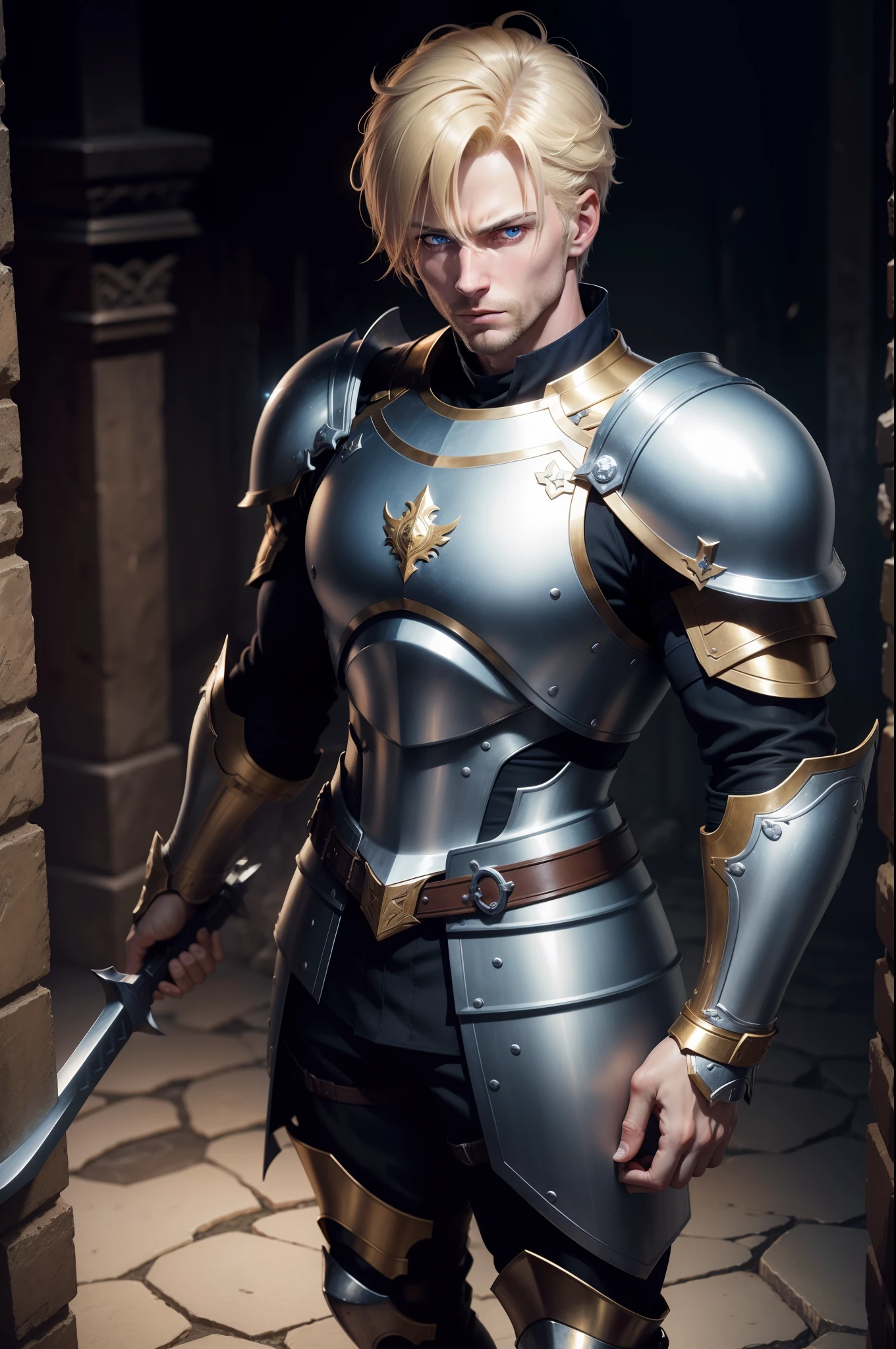 realistic 8k image of a blond man, 35 years old, blue eyes, short hair, strong, expression of disdain, dressed in silver RPG warrior outfits with golden shoulder pads, looking down, standing in a large underground dungeon, anime-style art