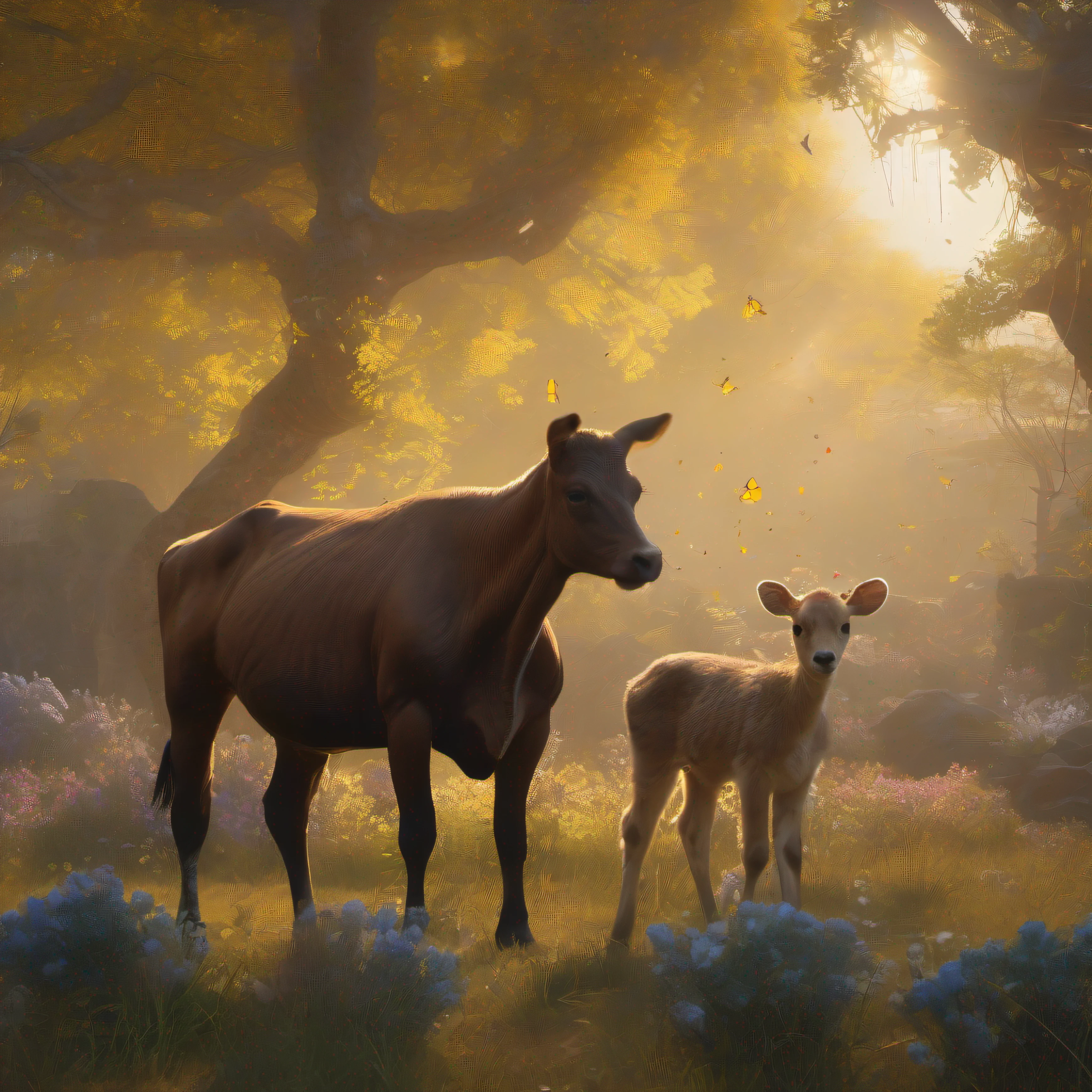 Ibiza with her calf in the meadow, full body, smiling, surrounded by flowers of different colors, wearing a birthday hat, sunbeams between the tree branches, yellow butterflies flying in the background, dust specks, low light, focus sharp, light emitting diodes, smoke, artillery, sparks, racks, system unit, motherboard, by pascal blanche rutkowski repin artstation hyperrealism concept art character design detailed matte painting, 4k resolution people blade runner