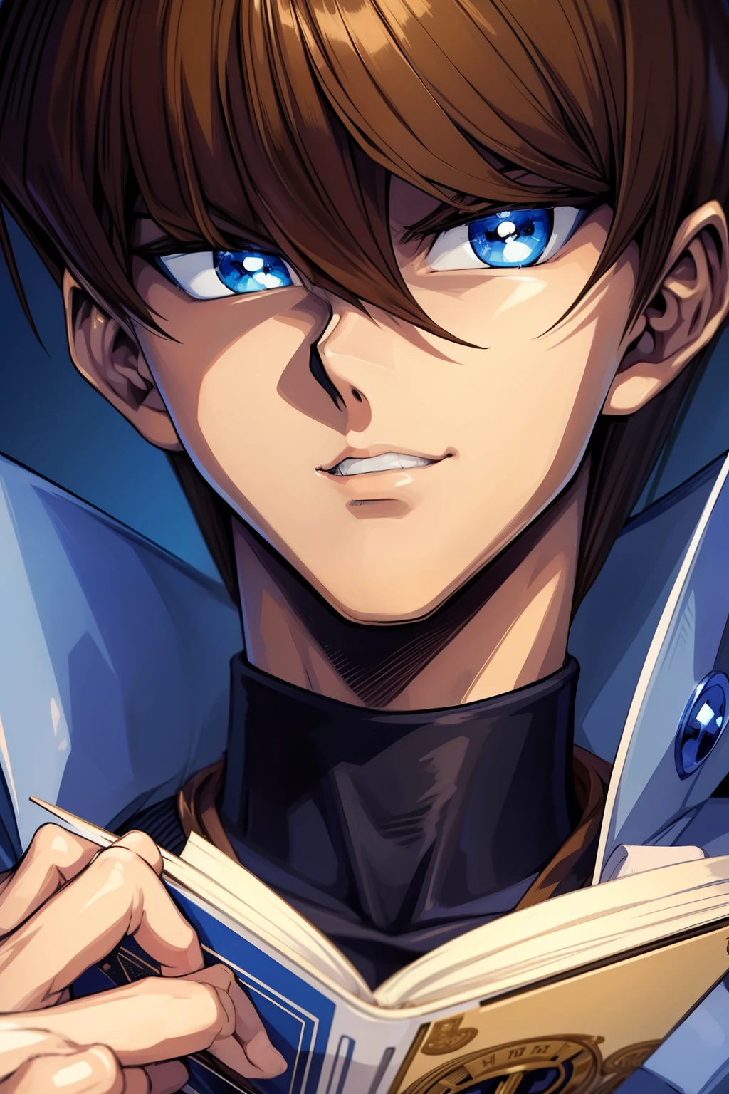 (masterpiece, best quality, ultra-detailed), 1boy, blue eyes, brown hair, sexy pose, man body, portrait shot, looking at viewer, serius expression, Seto Kaiba, with a card in the hand, wallpaper, 4k