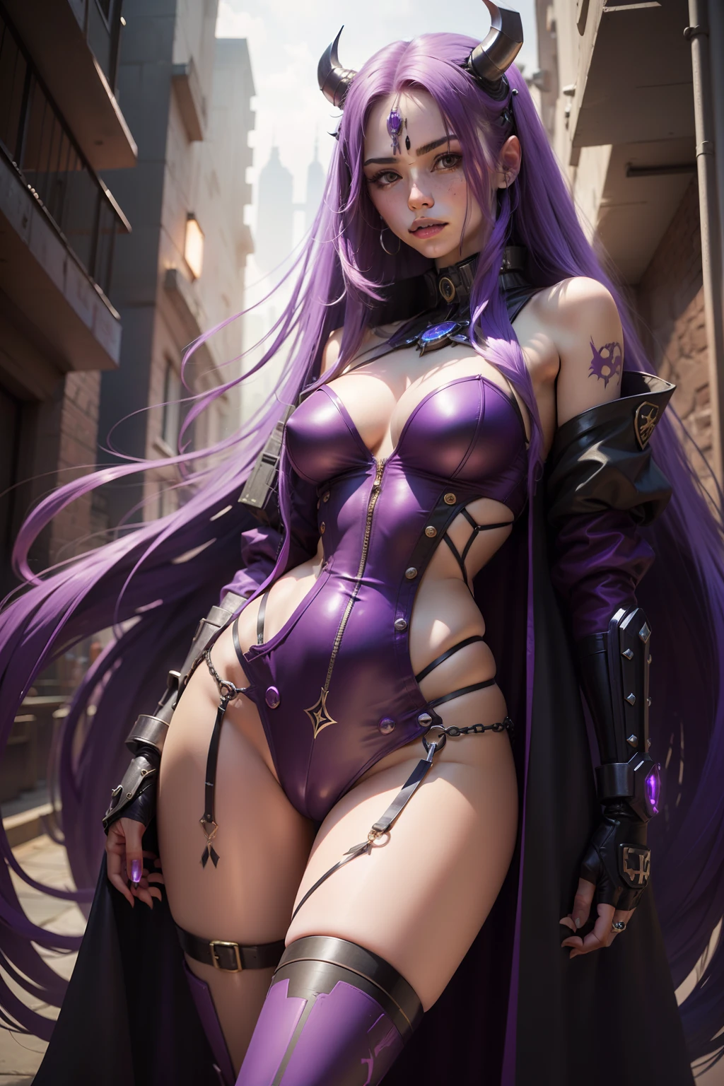 cyperpunk woman, long purple hair, revealing clothes, mechnical arm, demon woman