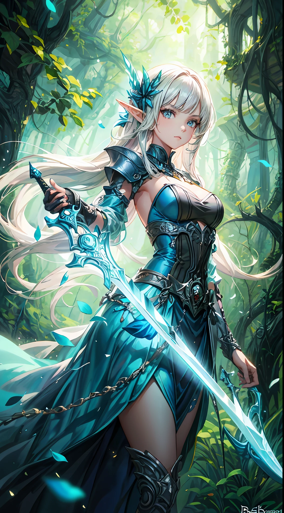 a woman in a blue dress holding a sword in a forest, extremely detailed artgerm, epic fantasy art style, fantasy art style, rossdraws sakimimichan, alluring elf princess knight, :: rossdraws, artgerm lau, artgerm and rossdraws, artgerm and atey ghailan, anime fantasy illustration, wlop rossdraws