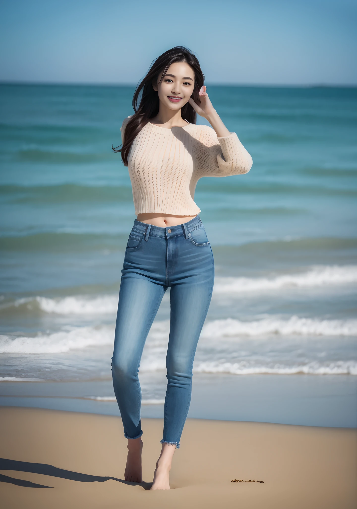 Woman in jeans on the beach，Practice yoga movements（graceful movements），Full body shooting:1.8（RAW photogr，超高分辨率，8K,HD,tmasterpiece，best qualtiy），Complicated details， 20 years old Asian woman，Women wearing smoked gray cropped tight sweaters（Slim fit，Fit snugly to the body）and trendy jeans with open navels，Realistic and detailed costumes，Detailed beach，A sweet smile appeared on the little face，The face is white and tender，skin lightening，Ultra-realistic facial details，Beautiful accessories，White skin and beautiful appearance，The skin is as fat as jade，The face is delicate and watery，Playful and coquettish pose，The calves are straight and slender:1.5，White and tender jade feet:1.5，eventide，warm color，Broad lighting，naturalshadow，Fold your hands together，taking a full body photo:1.8
