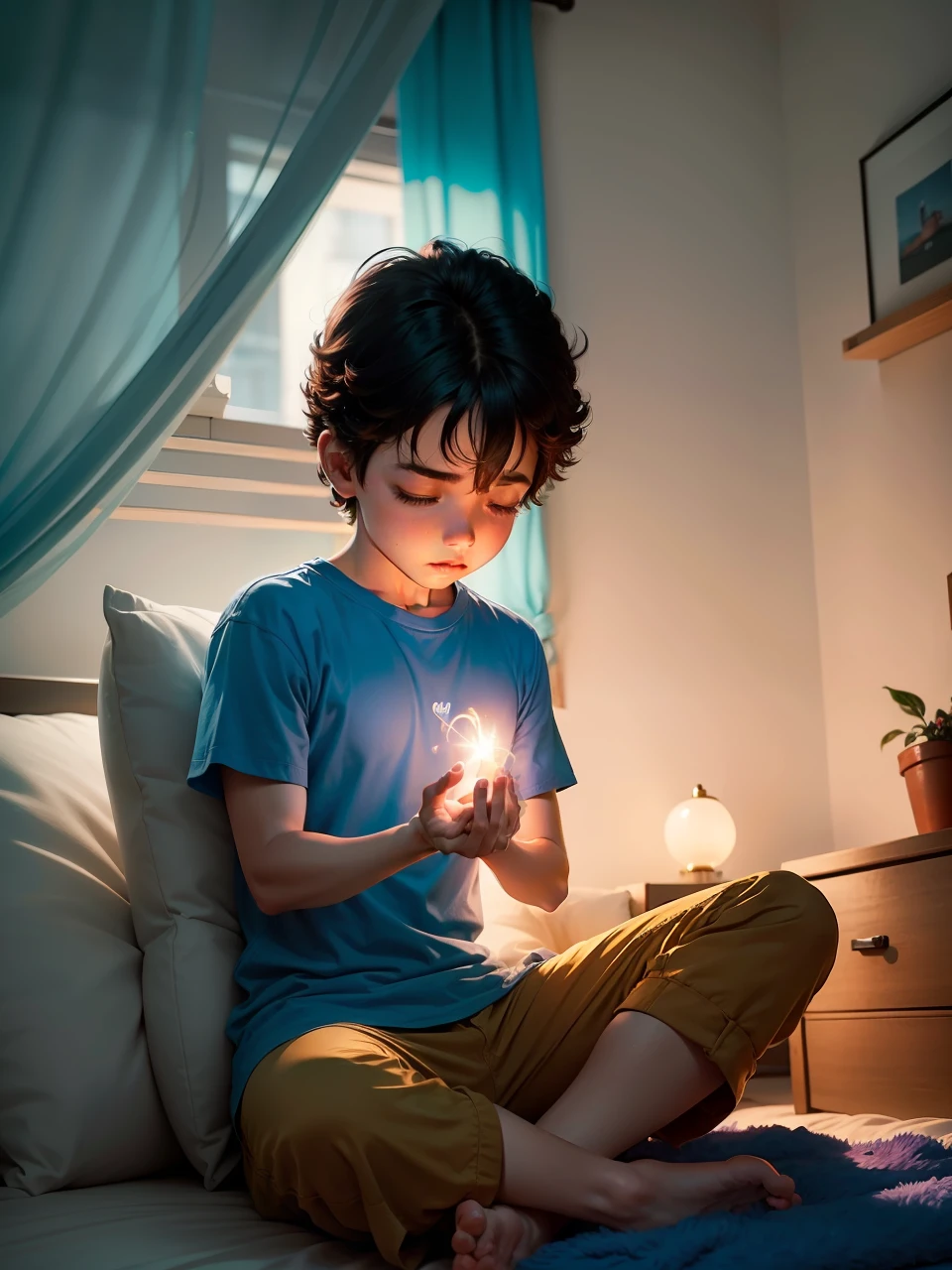 um em seu quarto, sentado em sua cama, with hands on your heart, meditando e uma luz azul se acendeu ao seu redor, Disney, Estilo de desenho Pixar