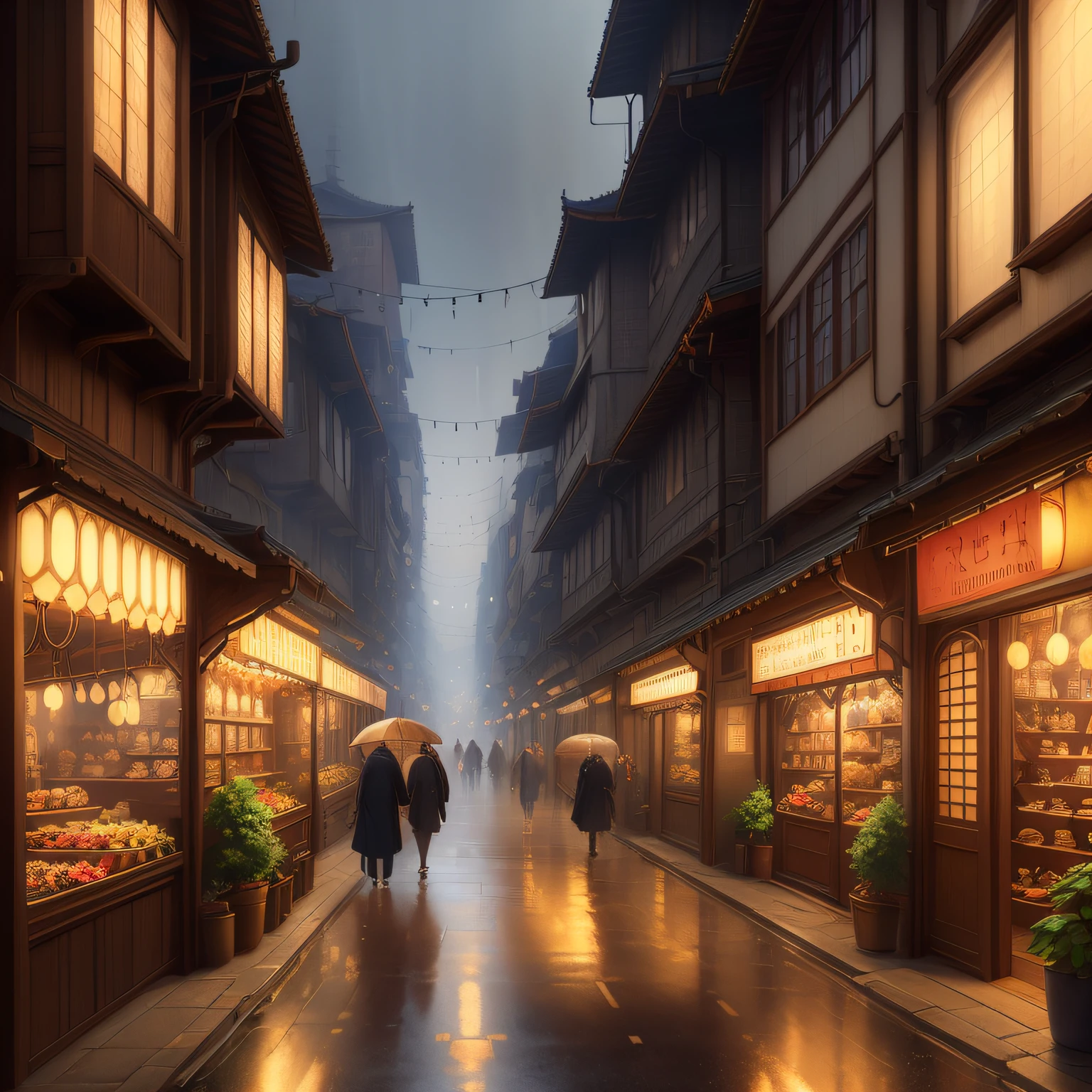 ((masterpiece)),((best quality)),((realistic,)) Industrial age city, deep gorges in the middle, architectural streets, bazaars, bridges, rainy days, steampunk, European architecture, city, medieval houses and Chinese, Japanese houses. european house, wlop, dalcefo, realistic, painting, cinematic light, intricate, complex, Helios 44-2, spiral bokeh, trends in arts season, sharp focus, studio shot, intricate details, highly detailed, crisp, perfect lighting, masterpiece, detailed background, portrait of artgerm and greg rutkowski, cinematic lighting, 8k