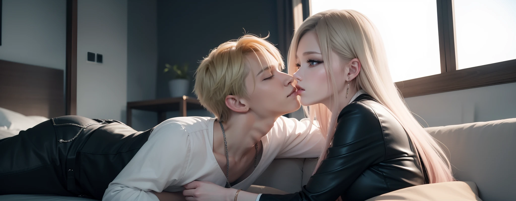 masterpiece, top-quality, 2Others, Male and female couples, 1 man and 1,, Adults, Height difference, different fashion, different color, finely eye and detailed face, intricate detailes, Casual clothing, Oversized shirt, Modern urban streets, Hands on back, A smile, Happiness, tenderness, high-level image quality、 Beautiful men and women、tall、hug from behind、Trying to kiss、Kissing each other, window、nightfall、nighttime scene、𝓡𝓸𝓶𝓪𝓷𝓽𝓲𝓬、Korean Male, Idol Photos, k pop, Professional Photos, Vampires, Korean fashion in black and white, Fedoman with necklace, inspired by Sim Sa-jeong, androgynous vampire, :9 detailed face: 8, extra detailed face, detailed punk hair, ((asa)) baggy eyes, Seductive. Highly detailed, semi realistic anime, Vampires, hyperrealistic teen, delicate androgynous prince, imvu, short hair above the ears, Man with short hair, Woman with long hair, With a man with a glaring expression, Woman with a gentle expression, With a man with bright blonde and short hair, Woman with pretty long pink hair and light blue eyes