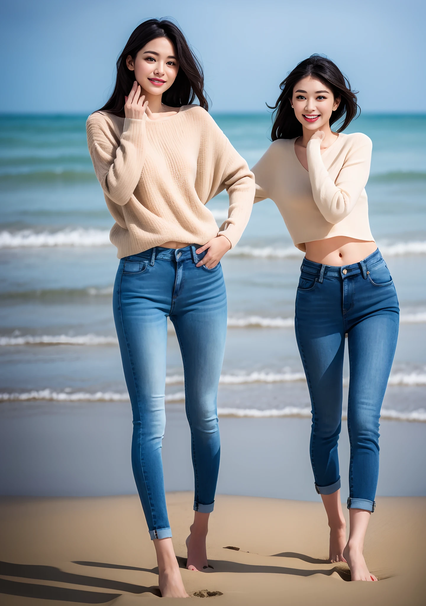 Woman in jeans on the beach,Practice yoga movements(graceful movements),Full body shooting:1.8(RAW photogr,超高分辨率,8K,HD,tmasterpiece,best qualtiy),Complicated details, 20 years old Asian woman,Women wearing smoked gray cropped anxiety tight sweater(Slim fit,Fit snugly to the body)and trendy jeans with open navels,Realistic and detailed costumes,Detailed beach,A sweet smile appeared on the little face,The face is white and tender,skin lightening,Ultra-realistic facial details,Beautiful accessories,White skin and beautiful appearance,The skin is as fat as jade,The face is delicate and watery,Playful and coquettish pose,The calves are straight and slender:1.5,Wear high-end branded travel shoes:1.5,eventide,warm color,Broad lighting,naturalshadow,taking a full body photo:1.8