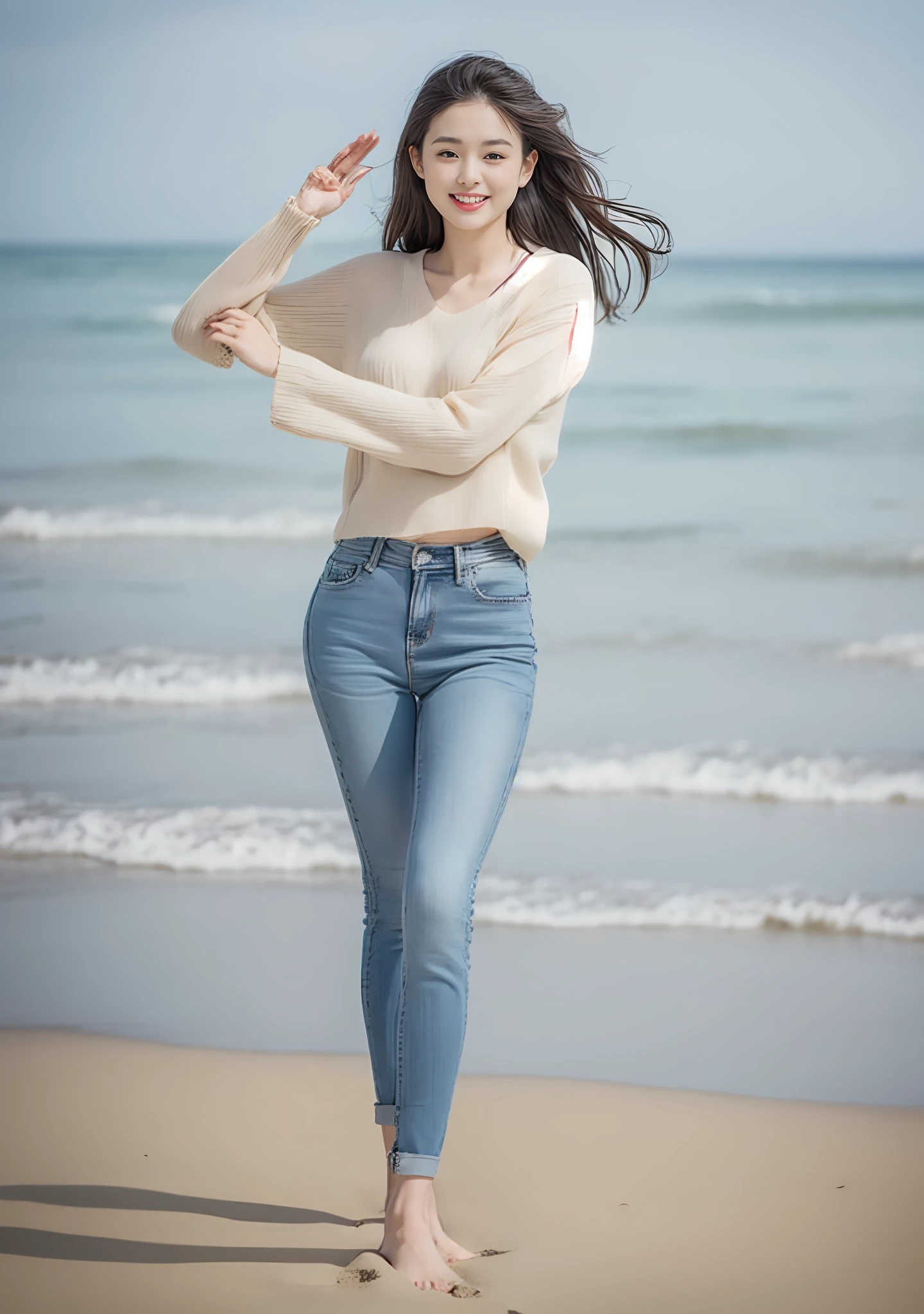 Woman in jeans on the beach,Practice yoga movements(Elegant and dignified movements),Full body shooting:1.8(RAW photogr,超高分辨率,8K,HD,tmasterpiece,best qualtiy),Complicated details, 20 years old Asian woman,Women wearing smoked gray cropped anxiety tight sweater(Slim fit,Fit snugly to the body)and trendy jeans with open navels,Realistic and detailed costumes,Detailed beach,A sweet smile appeared on the little face,The face is white and tender,skin lightening,Ultra-realistic facial details,Beautiful accessories,White skin and beautiful appearance,The skin is as fat as jade,The face is delicate and watery,Playful and coquettish pose,The calves are straight and slender:1.5,Wear high-end branded travel shoes:1.5,eventide,warm color,Broad lighting,naturalshadow,taking a full body photo:1.8