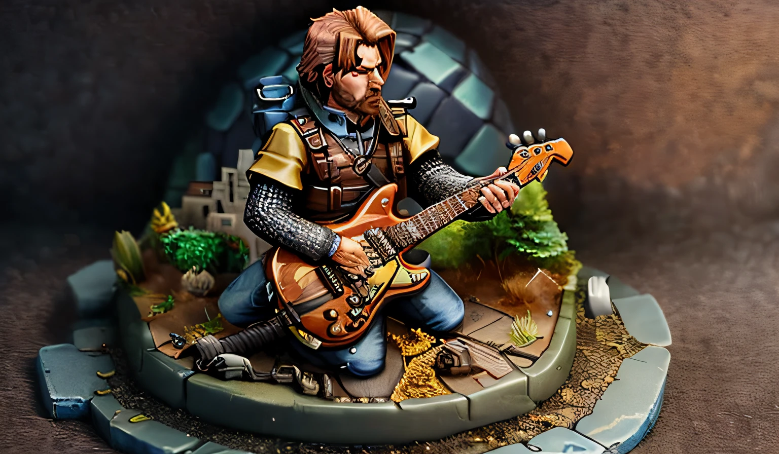 The guy plays the guitar, Behind him is a recording studio, Isometric landscape.