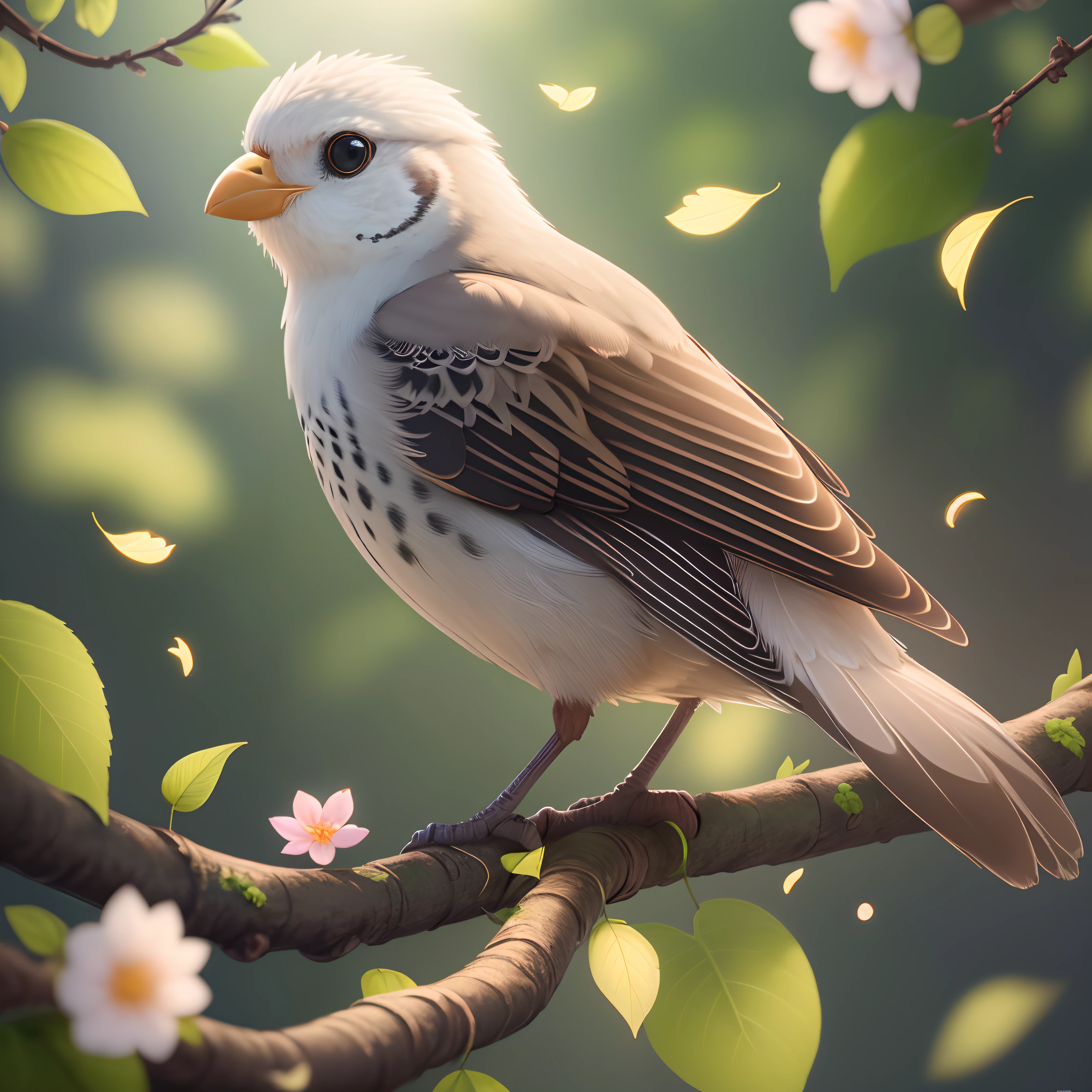 Masterpiece, best quality, (very detailed CG unity 8k wallpaper) (best quality), (best illustration), (best shadows) Nature&#39;s delicate leaves petals of various colors falling in the air light Tracking, super detailed  a bird --v6