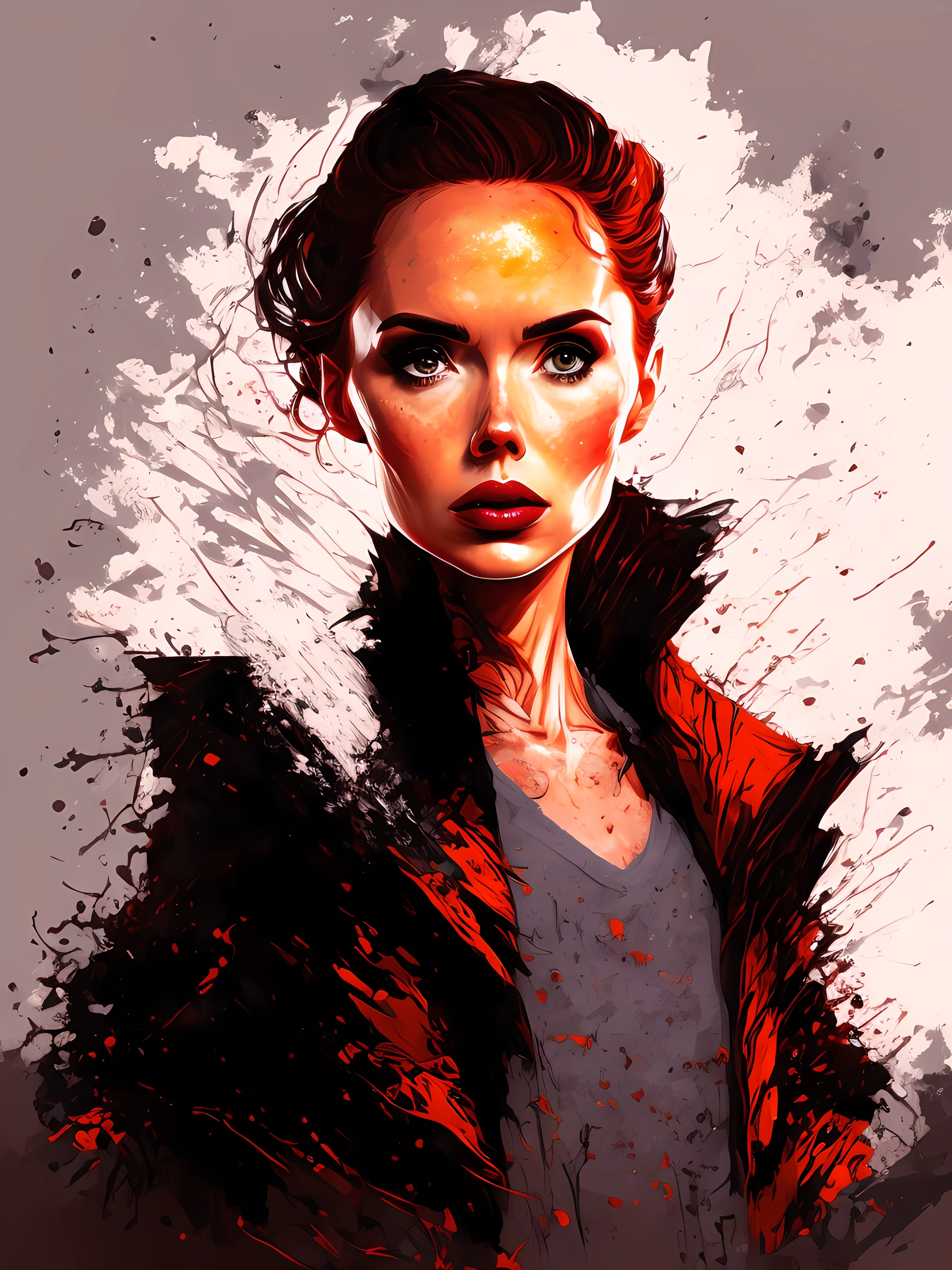 Retrato realista de [Karen Gillan: 0,5], tarde de por do sol, cidade do cairo, Arte centralizada, 3D, vetor, respingos de cores vivas, detalhes intrincados, edge vinheta, Greg Rutkowski,