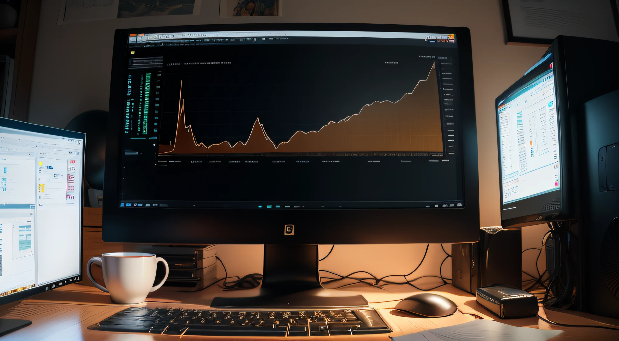 A computer on a table in the background,  Monitor with graph in the foreground, ember (head and shoulders), looking at the monitor