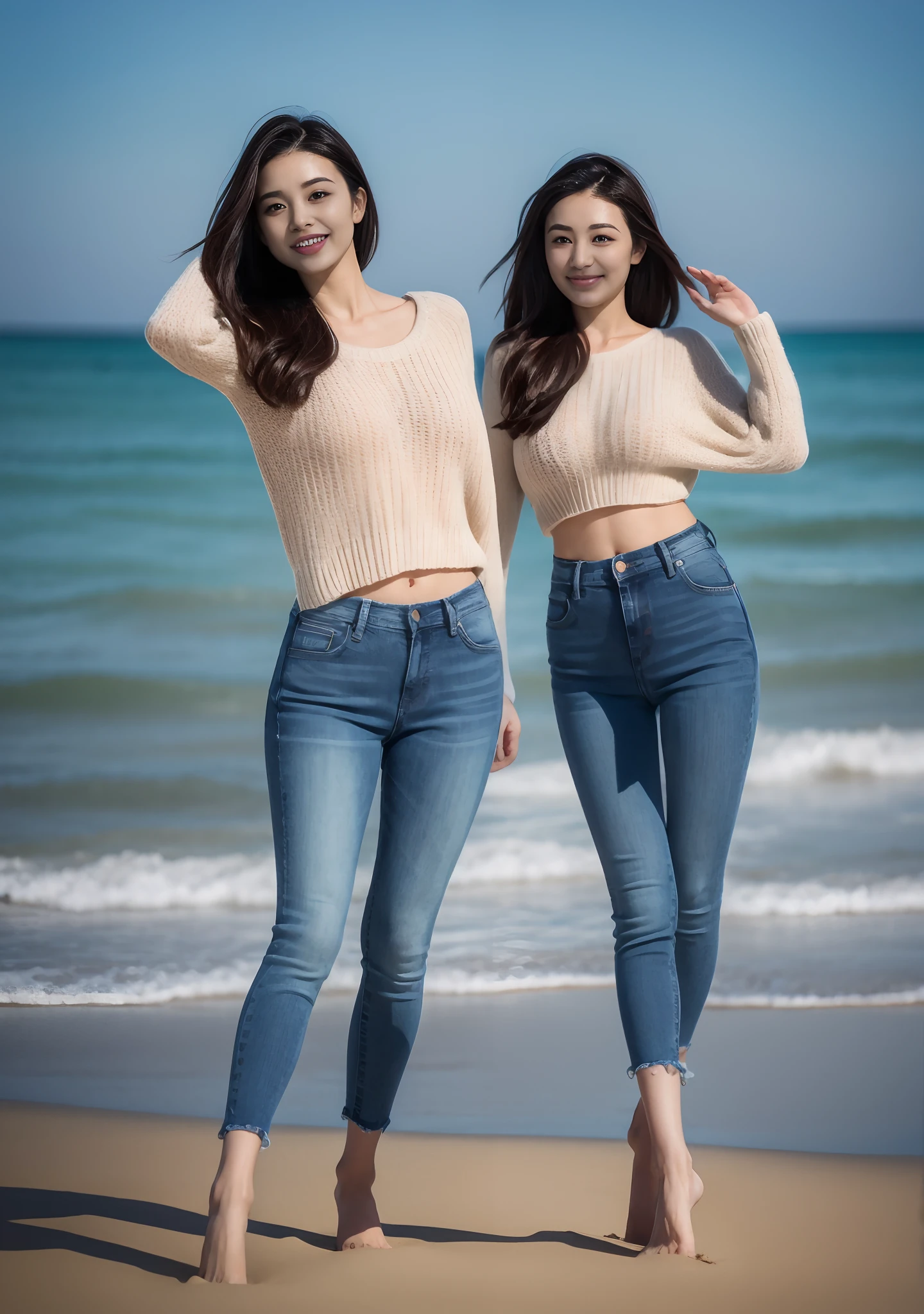 Woman in jeans on the beach,Practice yoga movements(graceful movements),Full body shooting:1.8(RAW photogr,超高分辨率,8K,HD,tmasterpiece,best qualtiy),Complicated details, 20 years old Asian woman,Women wearing smoked gray cropped anxiety tight sweater(Slim fit,Fit snugly to the body)and trendy jeans with open navels,Realistic and detailed costumes,Detailed beach,A sweet smile appeared on the little face,The face is white and tender,skin lightening,Ultra-realistic facial details,Beautiful accessories,White skin and beautiful appearance,The skin is as fat as jade,The face is delicate and watery,Playful and coquettish pose,The calves are straight and slender:1.5,Wear high-end branded travel shoes:1.5,eventide,warm color,Broad lighting,naturalshadow,taking a full body photo:1.8