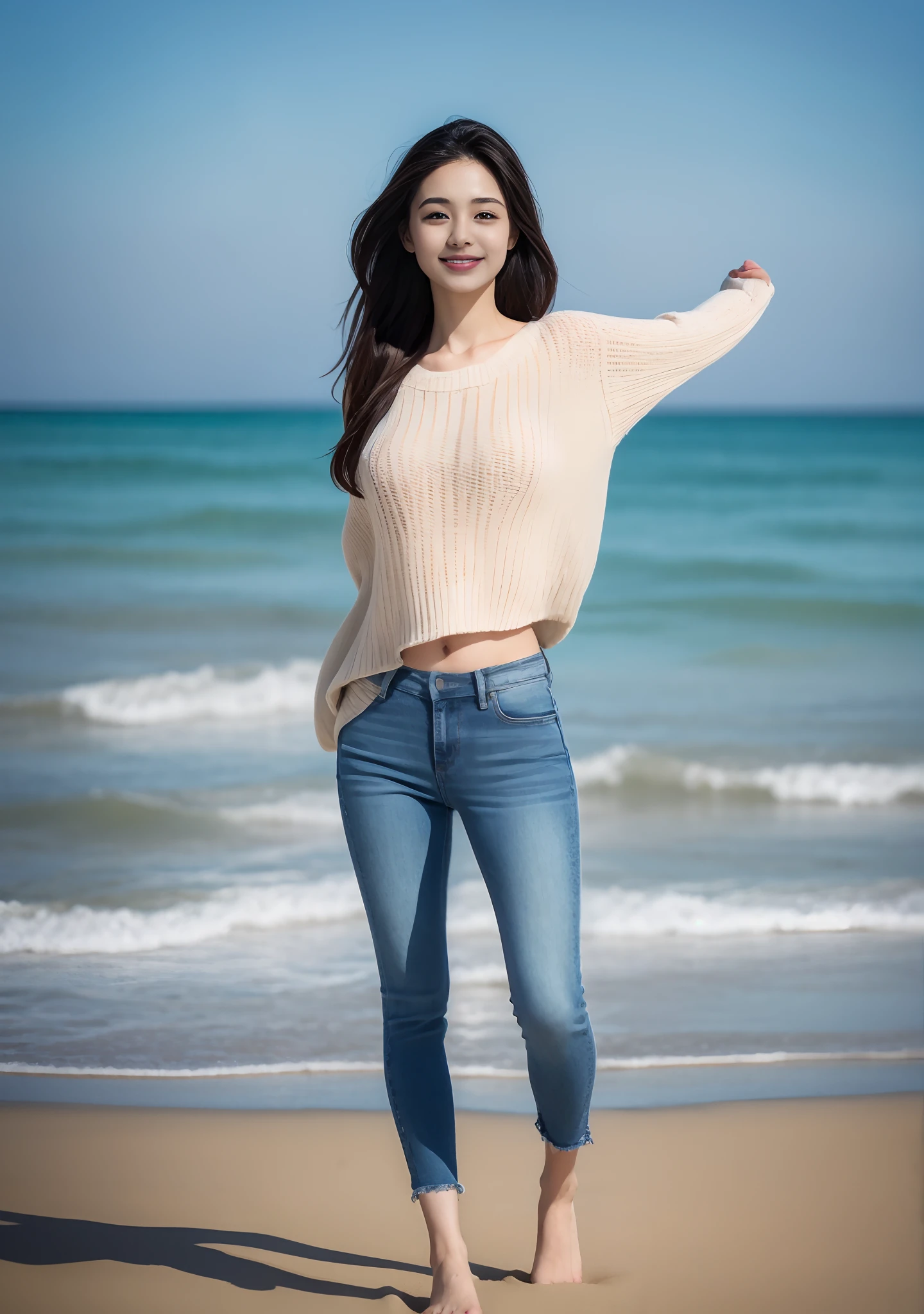 Woman in jeans on the beach,Practice yoga movements(graceful movements),Full body shooting:1.8(RAW photogr,超高分辨率,8K,HD,tmasterpiece,best qualtiy),Complicated details, 20 years old Asian woman,Women wearing smoked gray cropped anxiety tight sweater(Slim fit,Fit snugly to the body)and trendy jeans with open navels,Realistic and detailed costumes,Detailed beach,A sweet smile appeared on the little face,The face is white and tender,skin lightening,Ultra-realistic facial details,Beautiful accessories,White skin and beautiful appearance,The skin is as fat as jade,The face is delicate and watery,Playful and coquettish pose,The calves are straight and slender:1.5,Wear high-end branded travel shoes:1.5,eventide,warm color,Broad lighting,naturalshadow,taking a full body photo:1.8