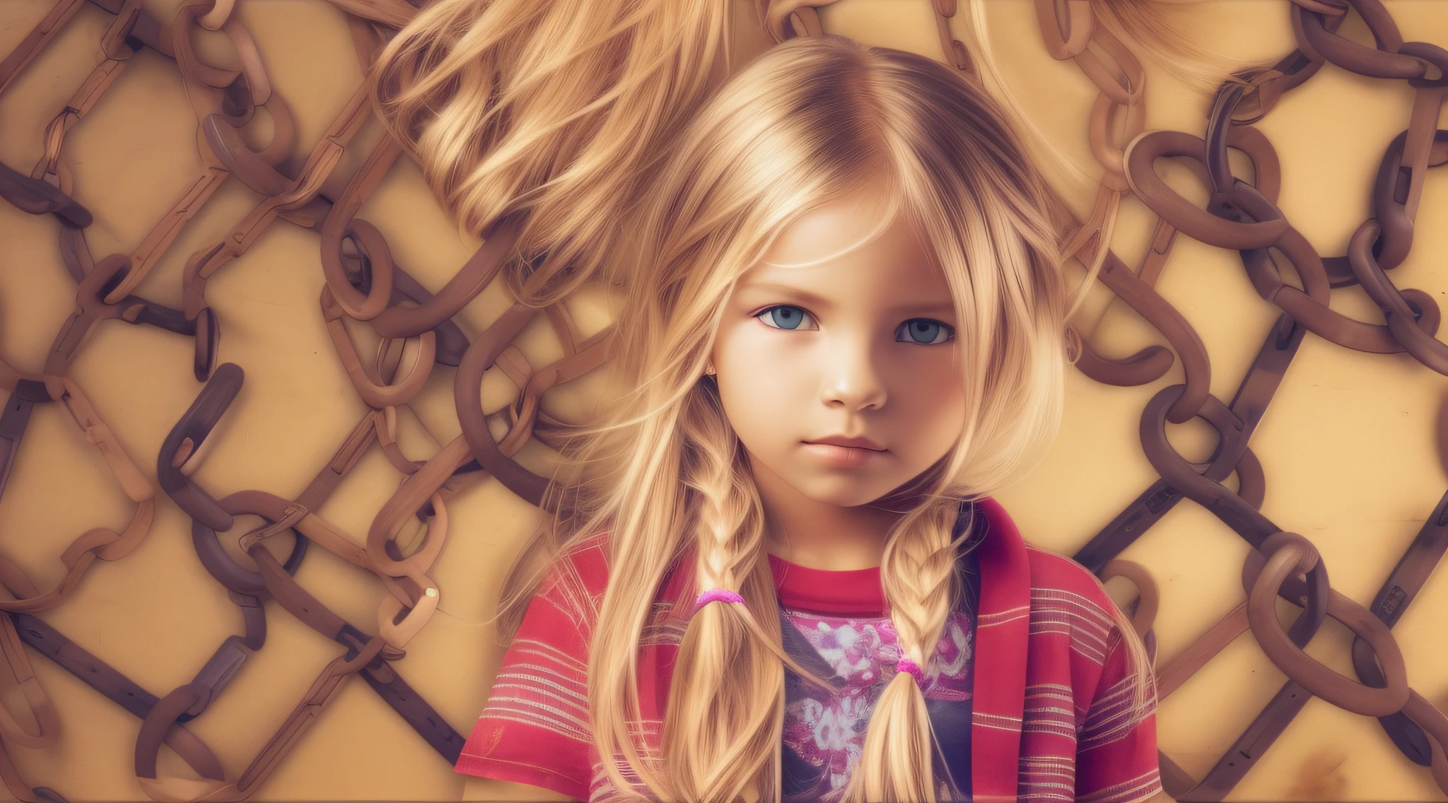 GIRL CHILD 8 YEARS BLONDE HAIR, longos, FONE DE OUVIDO, FUNDO COM CORRENTES DE FERRO, MUITAS CORRENTES, METAL.