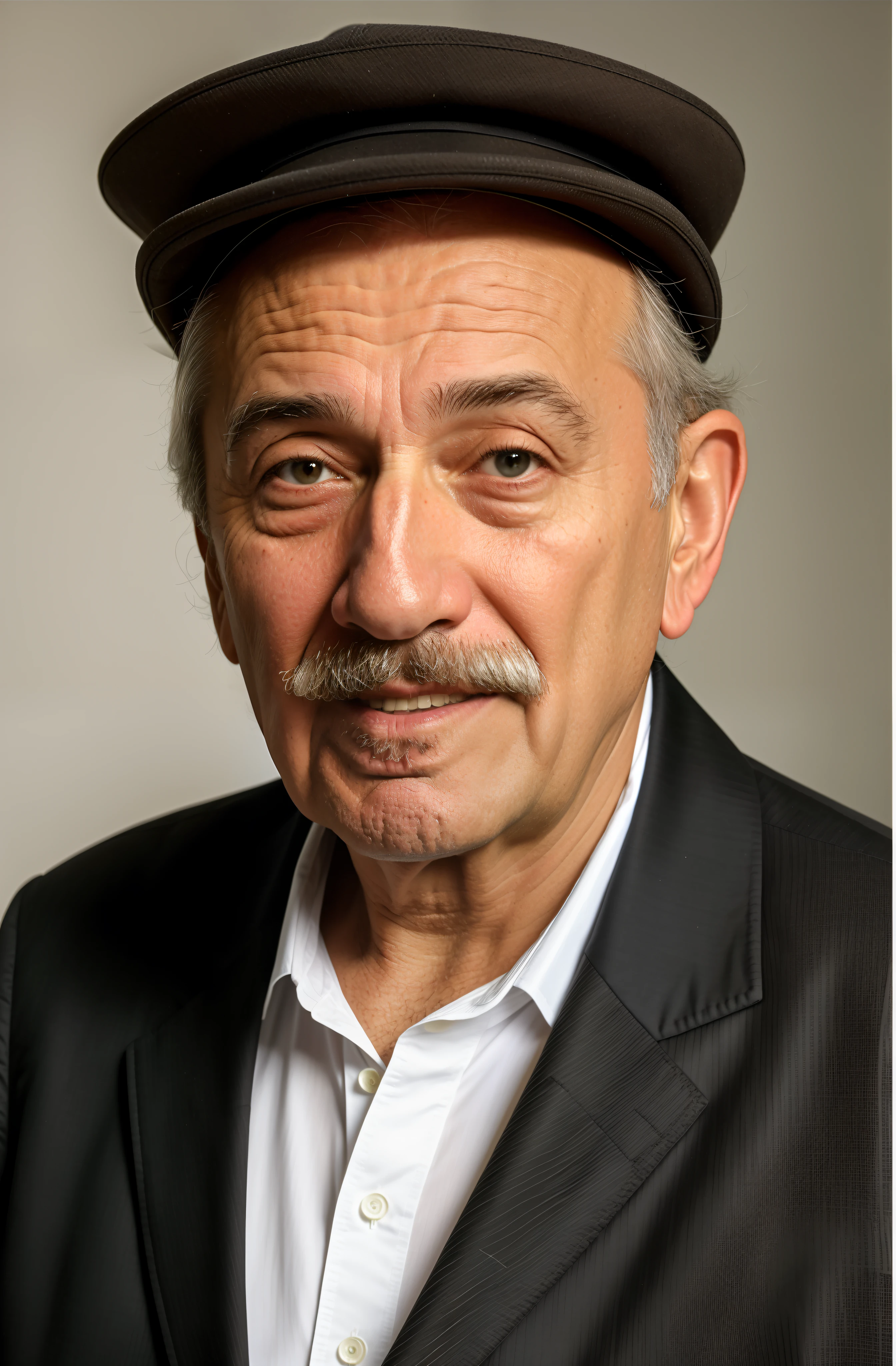 Older man with mustache and hat on head, wearing absolutely plain fabric jacket, Alvin Schwartz, Arthur Haas, Andrzej Marszalek, mario martinez, Milt Bruto, foto do retrato de um homem velho, Carlos Huante, retrato headshot, taken in the early 2020s, juan jose serrano, Sidney Lugo, Janusz Jurek, luiz escanuela