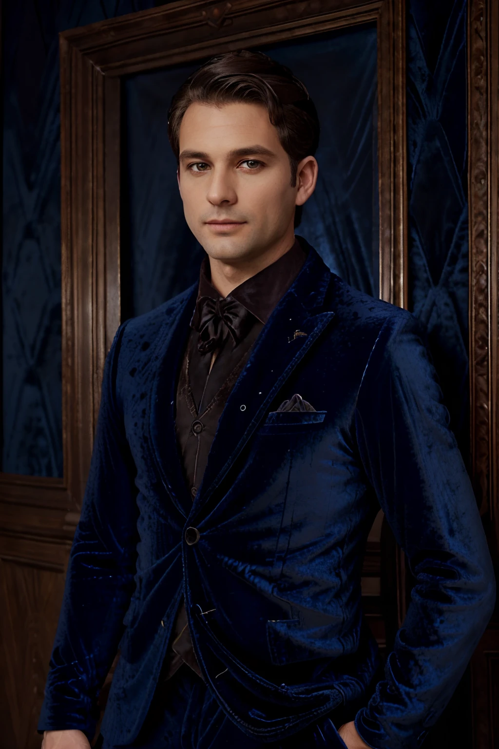 Portrait photo of a handsom man, 40 years old, short brown hair, (((elegant bleu velvet suit:1.3))), ((black shirt:1.3)), (((no beard:1.3))), Dark blue backgroud