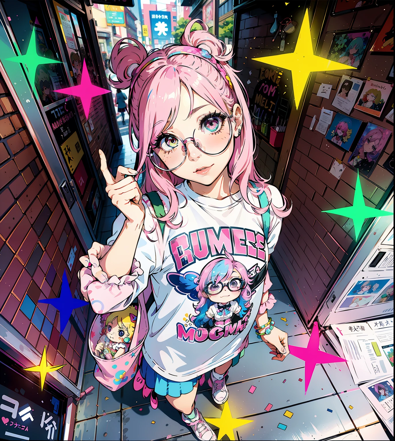 There is a woman with pink hair and glasses holding a mobile phone, kawaii decora rainbowcore, Belle Delphine, 🪔 🎨;🌞🌄, decora inspired, 🚿🗝📝, e-Girl, e - girl, Colorful!!, simmetry!!, harajuku hair, ❤🔥🍄🌪