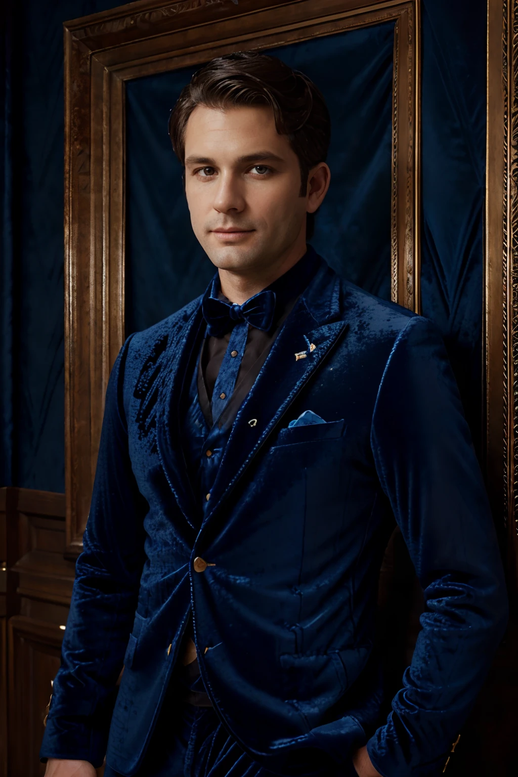 Portrait photo of a handsom man, 40 years old, short brown hair, (((bleu velvet suit:1.3))), black shirt, (((no beard:1.3))), Dark blue backgroud