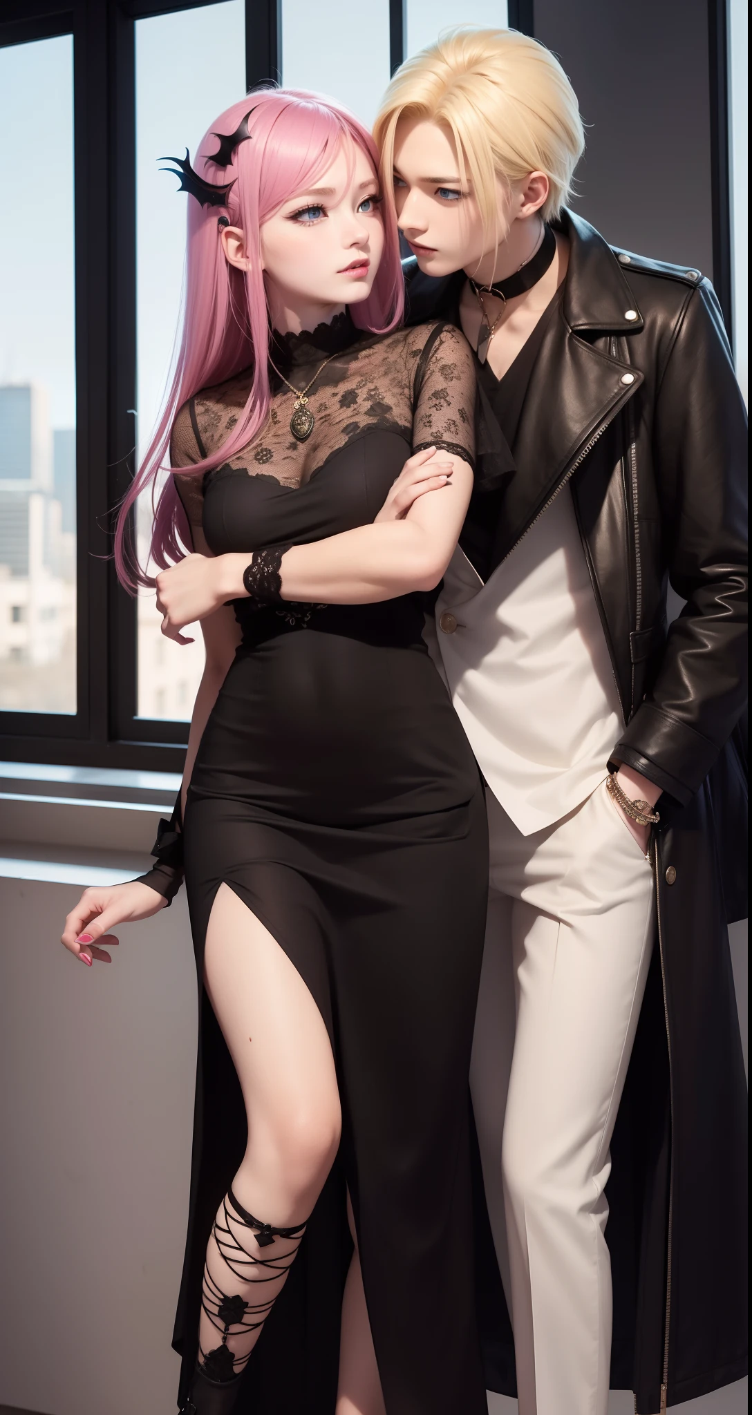 masterpiece, top-quality, 2Others, Male and female couples, 1 man and 1,, Adults, Height difference, different fashion, different color, finely eye and detailed face, intricate detailes, Casual clothing, Oversized shirt, Modern urban streets, Hands on back, A smile, Happiness, tenderness, high-level image quality、 Beautiful men and women、tall、hug from behind、Trying to kiss、Kissing each other, window、nightfall、nighttime scene、𝓡𝓸𝓶𝓪𝓷𝓽𝓲𝓬、Korean Male, Idol Photos, k pop, Professional Photos, Vampires, Korean fashion in black and white, Fedoman with necklace, inspired by Sim Sa-jeong, androgynous vampire, :9 detailed face: 8, extra detailed face, detailed punk hair, ((asa)) baggy eyes, Seductive. Highly detailed, semi realistic anime, Vampires, hyperrealistic , delicate androgynous prince, imvu, short hair above the ears, Man with short hair, Woman with long hair, With a man with a glaring expression, Woman with a gentle expression, With a blond short-haired man, Woman with pretty long pink hair and light blue eyes