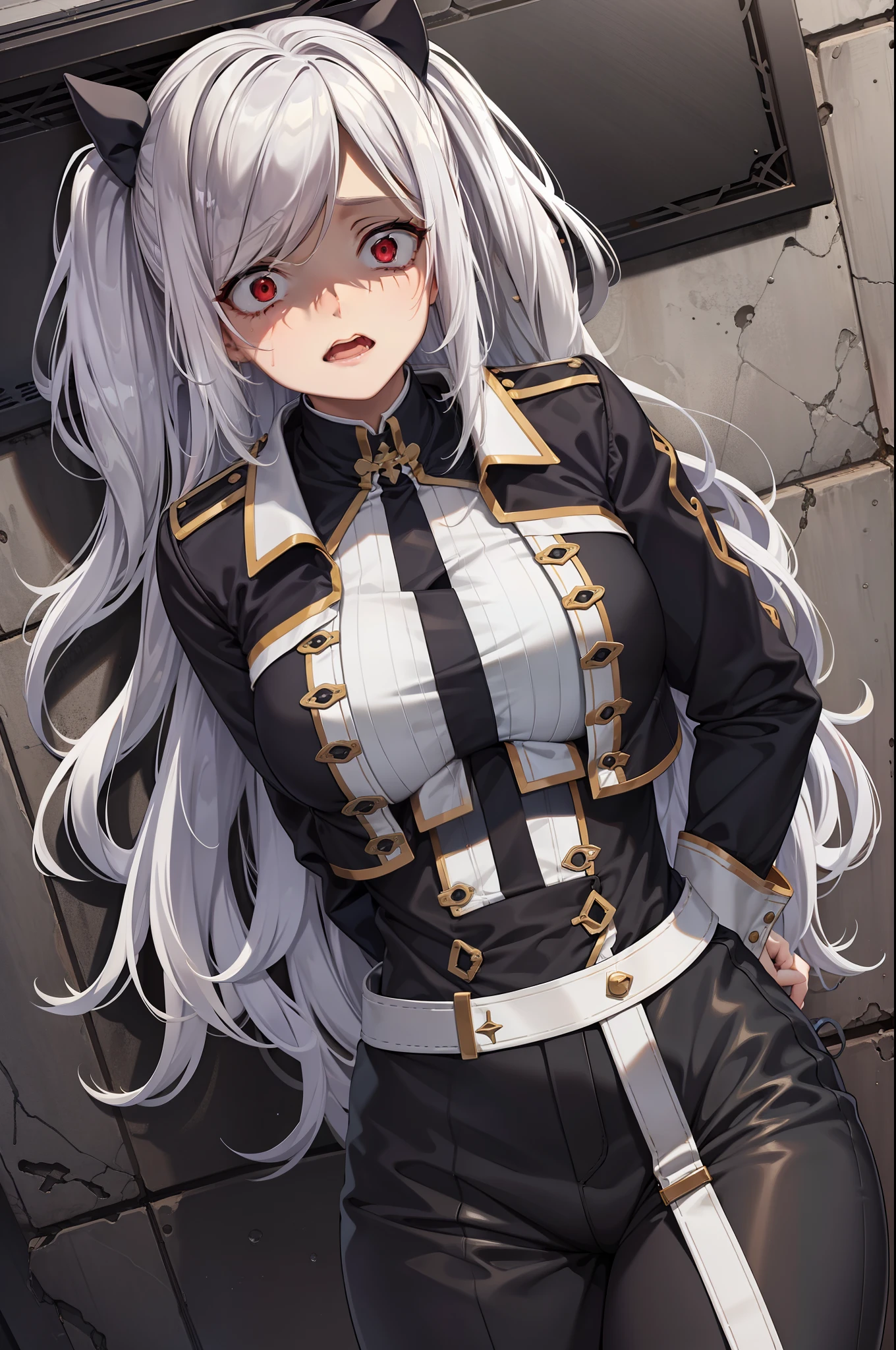 tied up,bondage,scared expression,white hair,red eyes