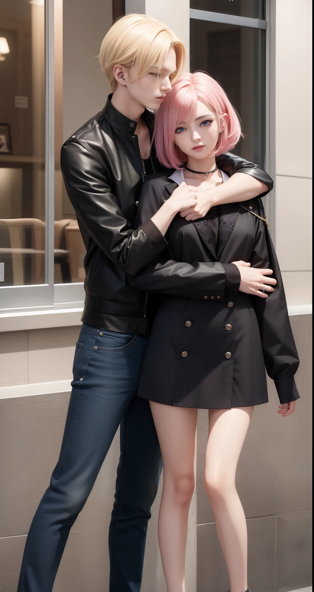 ​masterpiece, top-quality, 2Others, Male and female couples, 1 man and 1,, Adults, Height difference, different fashion, different color, finely eye and detailed face, intricate detailes, Casual clothing, Oversized shirt, Modern urban streets, Hands on back, A smile, Happiness, tenderness, high-level image quality、 Beautiful men and women、tall、hug from behind、Trying to kiss、Kissing each other, window、nightfall、nighttime scene、𝓡𝓸𝓶𝓪𝓷𝓽𝓲𝓬、Korean Male, Idol Photos, k pop, Professional Photos, Vampires, Korean fashion in black and white, Fedoman with necklace, inspired by Sim Sa-jeong, androgynous vampire, :9 detailed face: 8, extra detailed face, detailed punk hair, ((asa)) baggy eyes, Seductive. Highly detailed, semi realistic anime, Vampires, hyperrealistic teen, delicate androgynous prince, imvu, short hair above the ears, Man with short hair, Woman with long hair, With a man with a glaring expression, Woman with a gentle expression, With a blond short-haired man, Woman with pretty long pink hair and light blue eyes