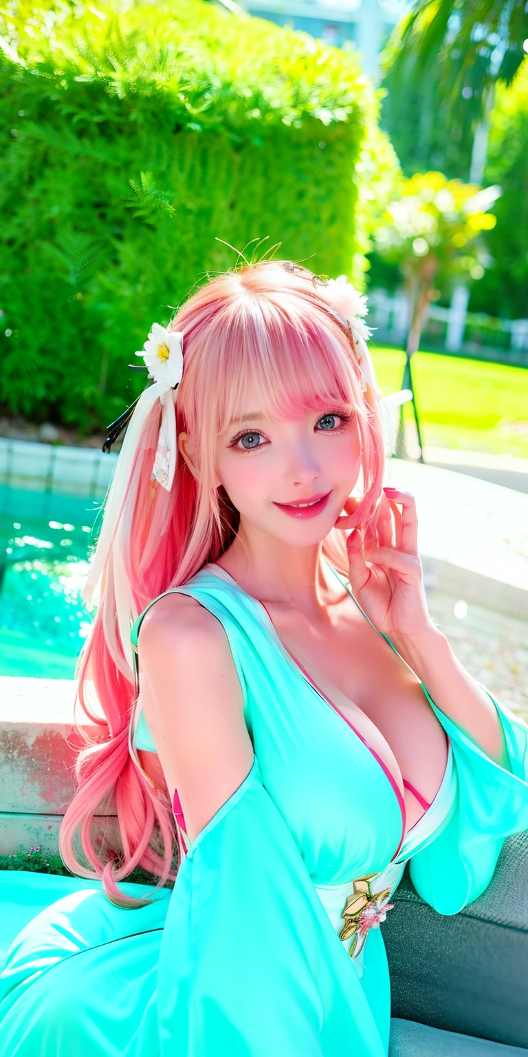 (8K, 4K, Best quality, A high resolution:1.2), (marsterpiece, Realistic, photograph realistic:1.37), 1girll, Solo, Beautiful face, eyeslashes, nase, Glossy lips, (Detailed eyes, view the viewer, Fair skin, White skin:1.5), fine complexion, Upper body,
Large breasts, Busty, , (:1.5),
Outdoor onsen,
two sides up, Absurdly long hair, Blonde hair, Pink hair, bangs, hair adornments, bow,
Younger, aged down,