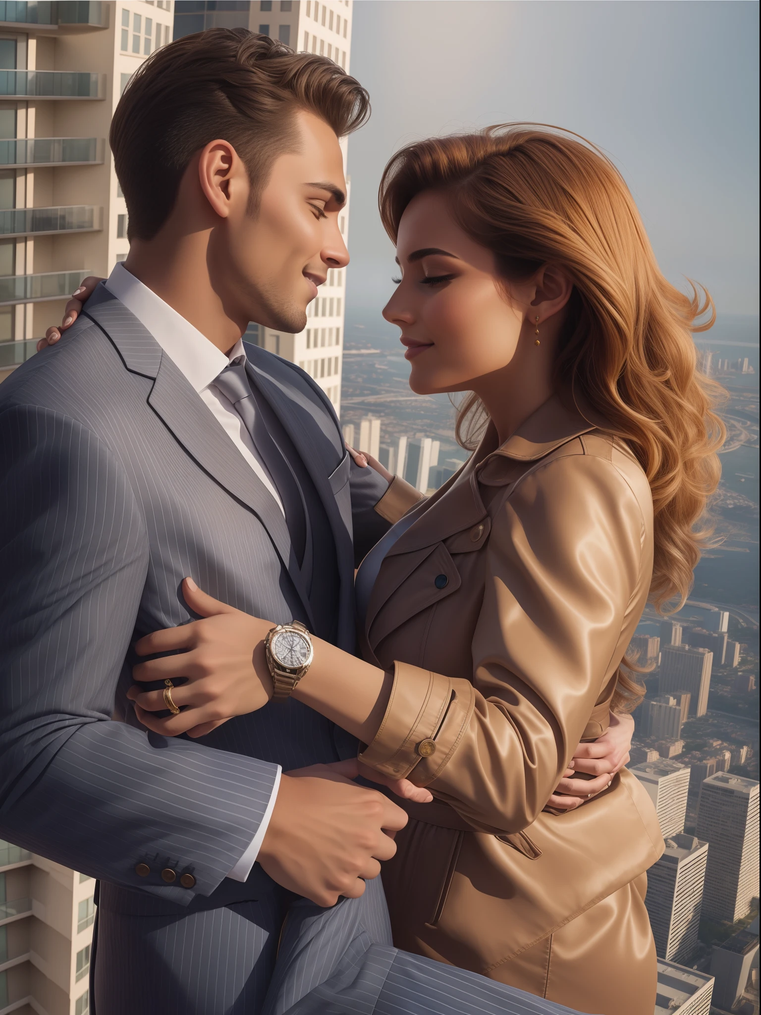 "Romantic moment on a skyscraper: 1woman and 1men, dynamic pose, holding her wrist"