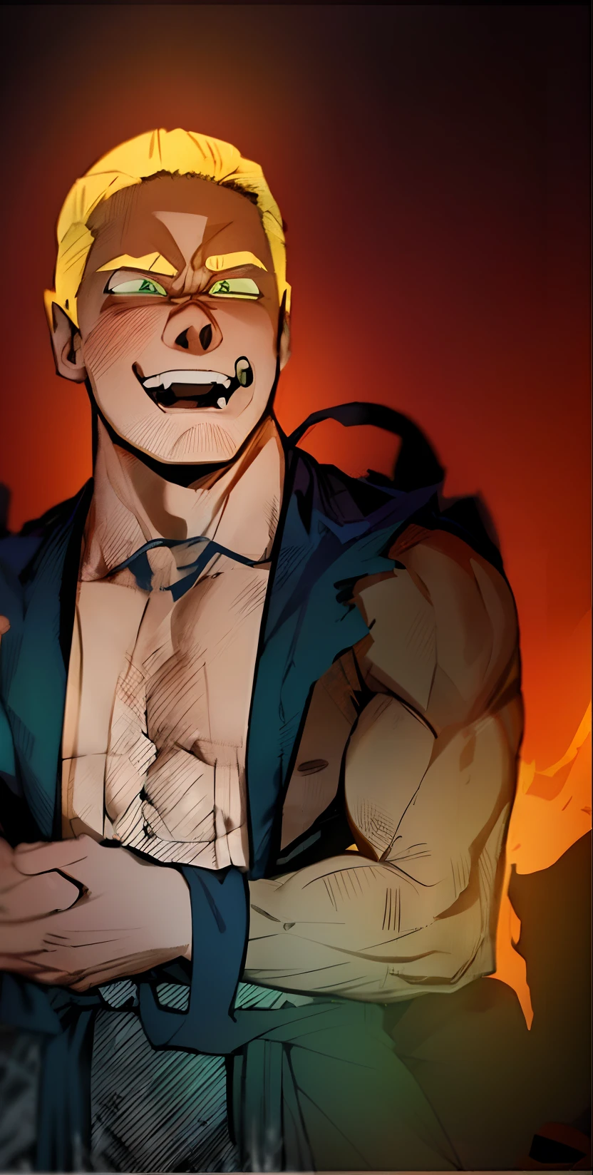 son goku, 1boy, angry, battle damage, blonde hair, blue sash, clenched teeth, furious, green eyes, male focus, muscular, muscular male, pectorals, sash, solo, spiked hair, super saiyan, super saiyan 1, teeth, topless male, torn clothes, wristband, ((masterpiece))