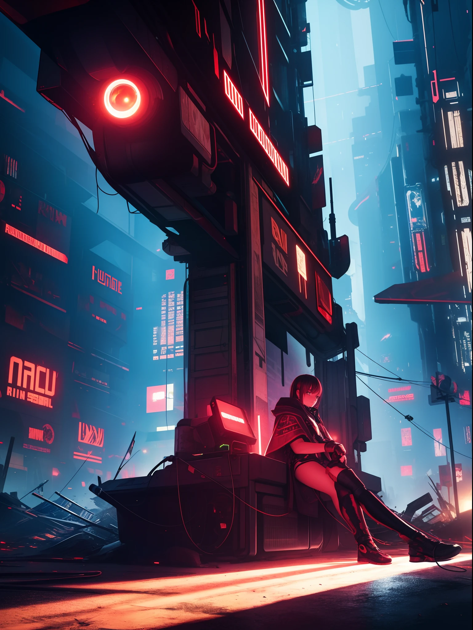 A girl, wearing a black-red luminous mask, eyes shining with yellow light, right hand is a mechanical prosthesis, red torn cloak swaying in the wind, next to a small aerial machine with complex structure, night, a destroyed cyberpunk city in the apocalypse, girl sitting on this big neon billboard, lifelike, best image quality, highest definition and clarity, original, surrealism, high detail, futurism, action painting, chiaroscuro, cinematic lighting, ray tracing, reflected light, denim lens,