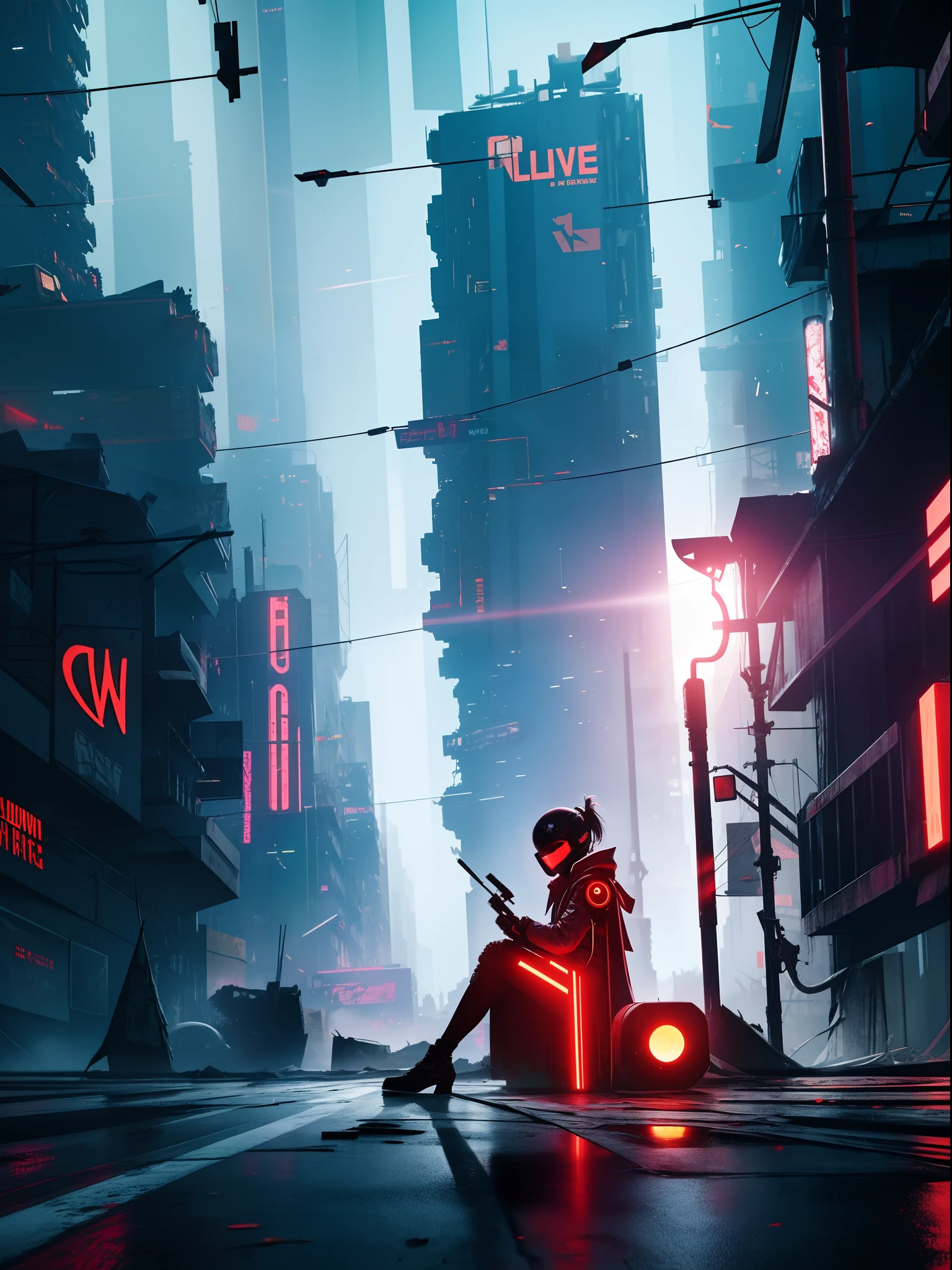 A girl, wearing a black-red luminous mask, eyes shining with yellow light, right hand is a mechanical prosthesis, red torn cloak swaying in the wind, next to a small aerial machine with complex structure, night, a destroyed cyberpunk city in the apocalypse, girl sitting on this big neon billboard, lifelike, best image quality, highest definition and clarity, original, surrealism, high detail, futurism, action painting, chiaroscuro, cinematic lighting, ray tracing, reflected light, denim lens,