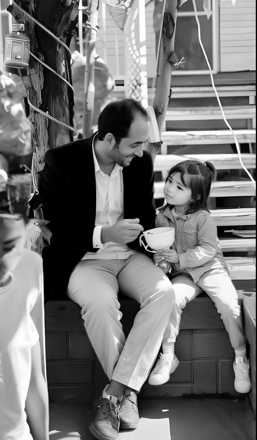 arafed man sitting on a bench with a little lovely girl, father with child, with a kid, portrait image, a kind look ,a strong feeling