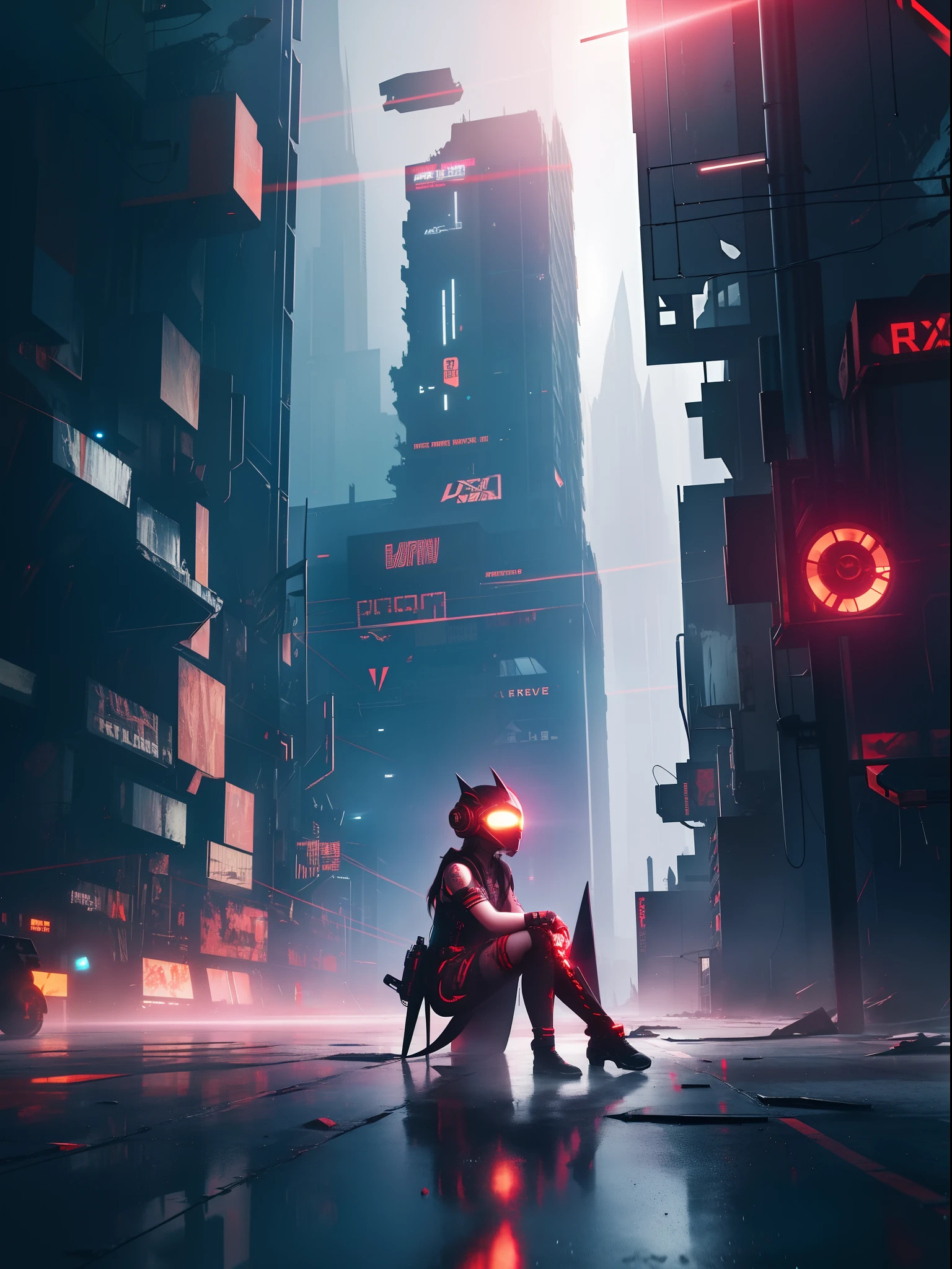 A girl, wearing a black-red luminous mask, eyes shining with yellow light, right hand is a mechanical prosthesis, red torn cloak swaying in the wind, next to a small aerial machine with complex structure, night, a destroyed cyberpunk city in the apocalypse, girl sitting on this big neon billboard, lifelike, best image quality, highest definition and clarity, original, surrealism, high detail, futurism, action painting, chiaroscuro, cinematic lighting, ray tracing, reflected light, denim lens,