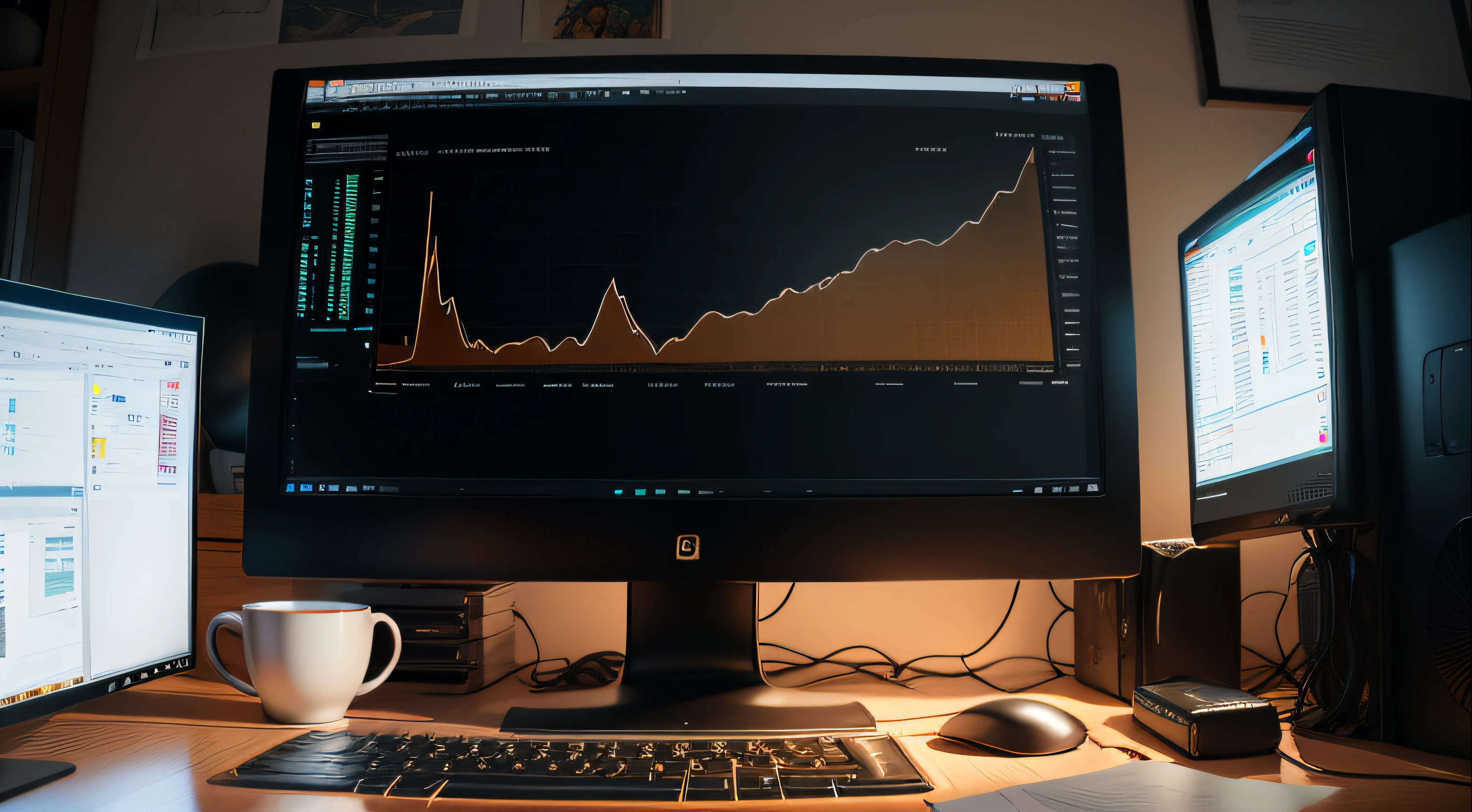 A computer on a table in the background, Monitor with graph in the foreground, ember (head and shoulders), looking at the monitor