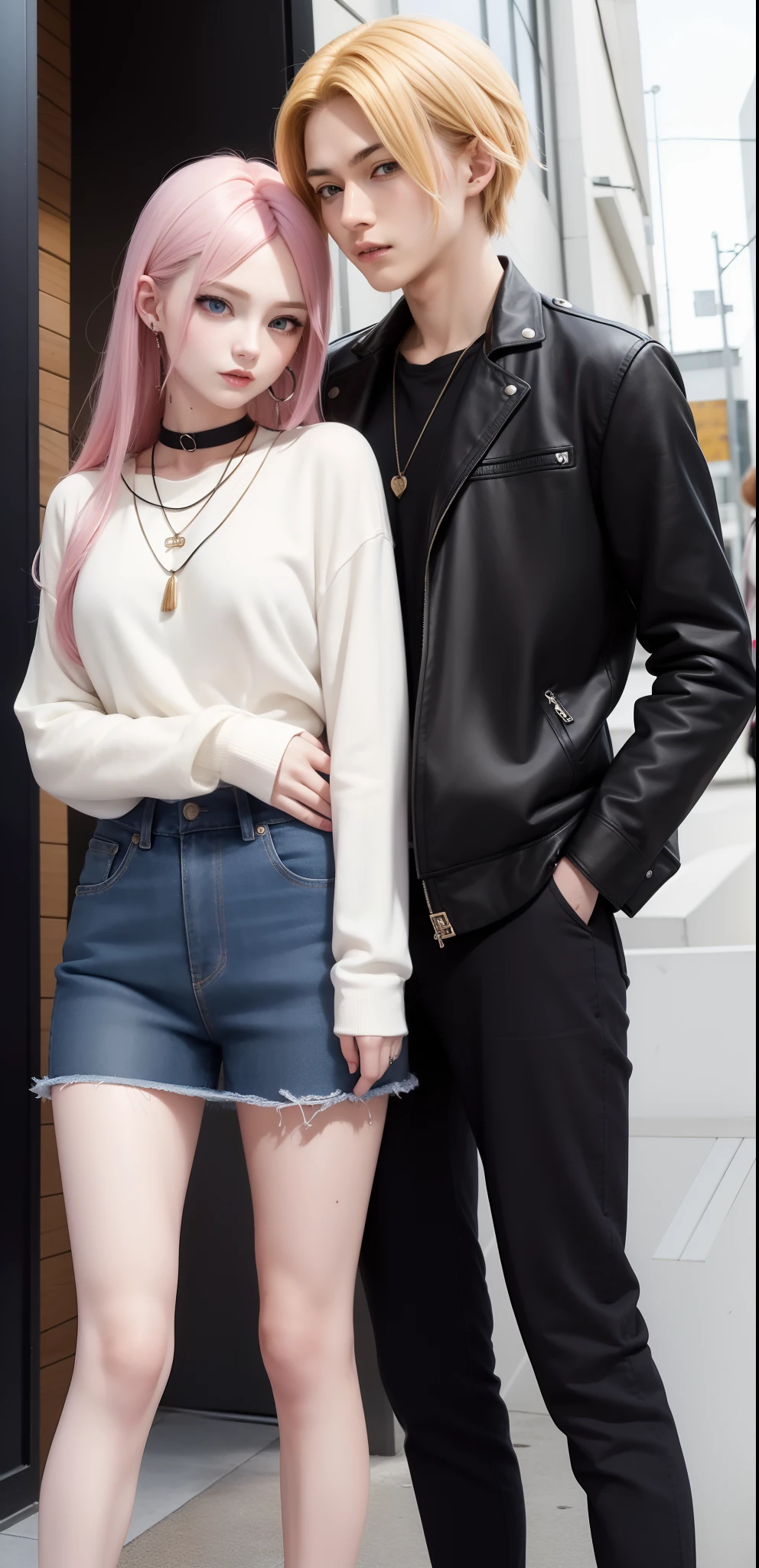 ​masterpiece, top-quality, 2Others, Male and female couples, 1 man and 1,, Adults, Height difference, different fashion, different color, finely eye and detailed face, intricate detailes, Casual clothing, Oversized shirt, Modern urban streets, Hands on back, A smile, Happiness, tenderness, high-level image quality、 Beautiful men and women、tall、hug from behind、Trying to kiss、Kissing each other, window、nightfall、nighttime scene、𝓡𝓸𝓶𝓪𝓷𝓽𝓲𝓬、Korean Male, Idol Photos, k pop, Professional Photos, Vampires, Korean fashion in black and white, Fedoman with necklace, inspired by Sim Sa-jeong, androgynous vampire, :9 detailed face: 8, extra detailed face, detailed punk hair, ((asa)) baggy eyes, Seductive. Highly detailed, semi realistic anime, Vampires, hyperrealistic teen, delicate androgynous prince, imvu, short hair above the ears, Man with short hair, Woman with long hair, With a man with a glaring expression, Woman with a gentle expression, With a blonde short-haired man, Woman with pretty long pink hair and light blue eyes