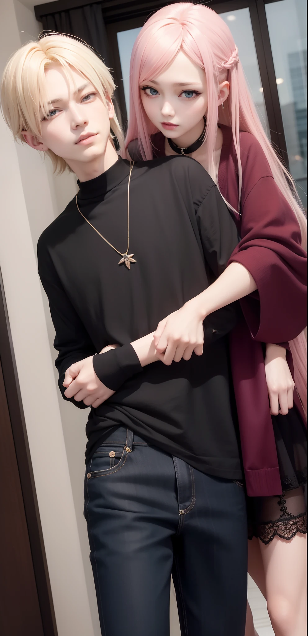 ​masterpiece, top-quality, 2Others, Male and female couples, 1 man and 1,, Adults, Height difference, different fashion, different color, finely eye and detailed face, intricate detailes, Casual clothing, Oversized shirt, Modern urban streets, Hands on back, A smile, Happiness, tenderness, high-level image quality、 Beautiful men and women、tall、hug from behind、Trying to kiss、Kissing each other, window、nightfall、nighttime scene、𝓡𝓸𝓶𝓪𝓷𝓽𝓲𝓬、Korean Male, Idol Photos, k pop, Professional Photos, Vampires, Korean fashion in black and white, Fedoman with necklace, inspired by Sim Sa-jeong, androgynous vampire, :9 detailed face: 8, extra detailed face, detailed punk hair, ((asa)) baggy eyes, Seductive. Highly detailed, semi realistic anime, Vampires, hyperrealistic teen, delicate androgynous prince, imvu, short hair above the ears, Man with short hair, Woman with long hair, With a man with a glaring expression, Woman with a gentle expression, With a blonde short-haired man, Woman with pretty long pink hair and light blue eyes