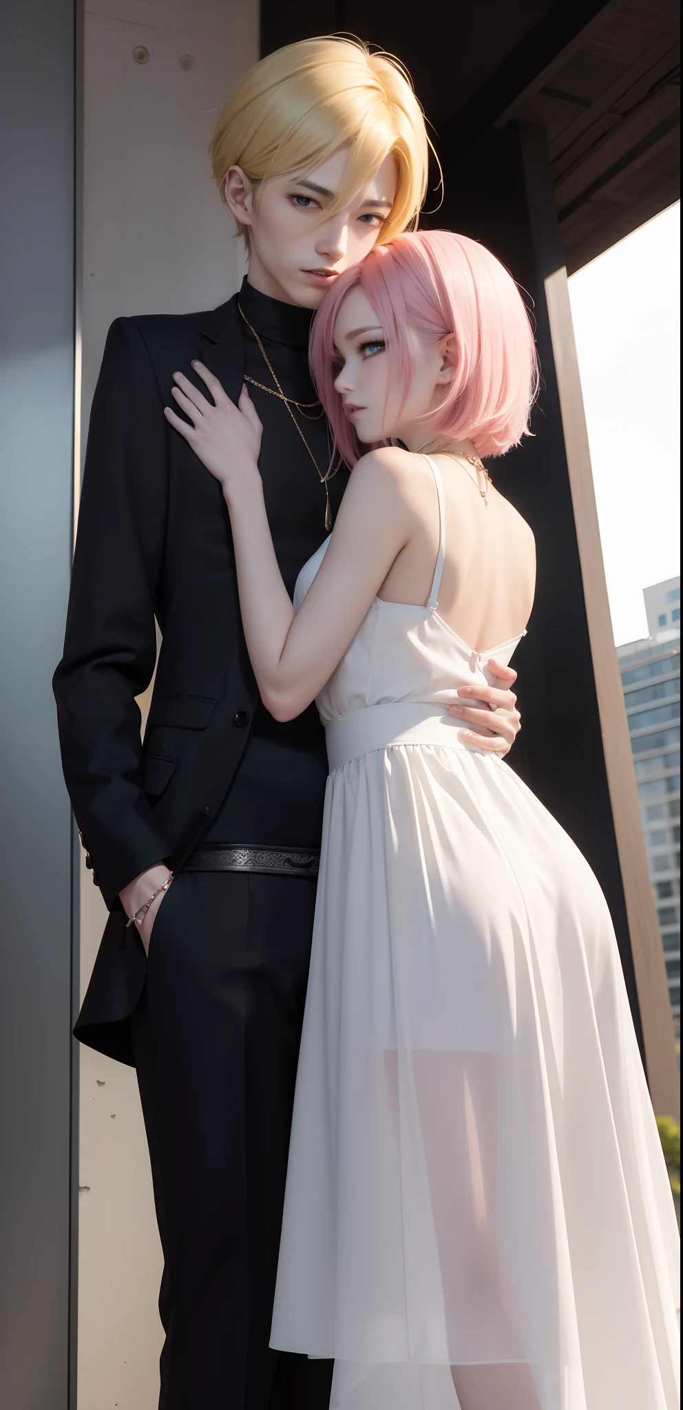 masterpiece, top-quality, 2Others, Male and female couples, 1 man and 1,, Adults, Height difference, different fashion, different color, finely eye and detailed face, intricate detailes, Casual clothing, Oversized shirt, Modern urban streets, Hands on back, A smile, Happiness, tenderness, high-level image quality、 Beautiful men and women、tall、hug from behind、Trying to kiss、Kissing each other, window、nightfall、nighttime scene、𝓡𝓸𝓶𝓪𝓷𝓽𝓲𝓬、Korean Male, Idol Photos, k pop, Professional Photos, Vampires, Korean fashion in black and white, Fedoman with necklace, inspired by Sim Sa-jeong, androgynous vampire, :9 detailed face: 8, extra detailed face, detailed punk hair, ((asa)) baggy eyes, Seductive. Highly detailed, semi realistic anime, Vampires, hyperrealistic teen, delicate androgynous prince, imvu, short hair above the ears, Man with short hair, Woman with long hair, With a man with a glaring expression, Woman with a gentle expression, With a blonde short-haired man, Woman with pretty long pink hair and light blue eyes