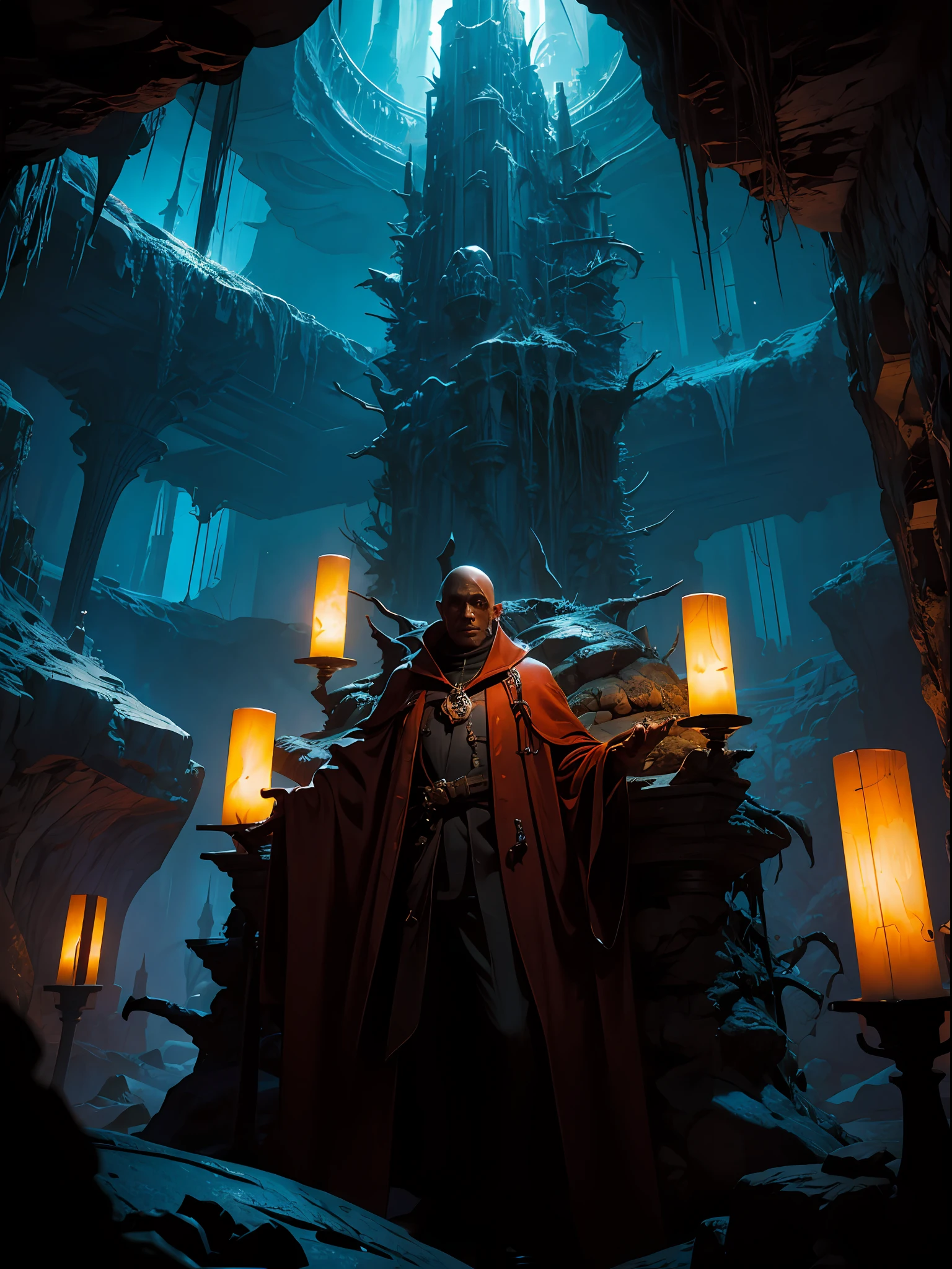 An explorer man inside a cavern. Inspired by Paul Lehr's style. dim lit. macabre. horror. dark. thousand columns. --s 1000
