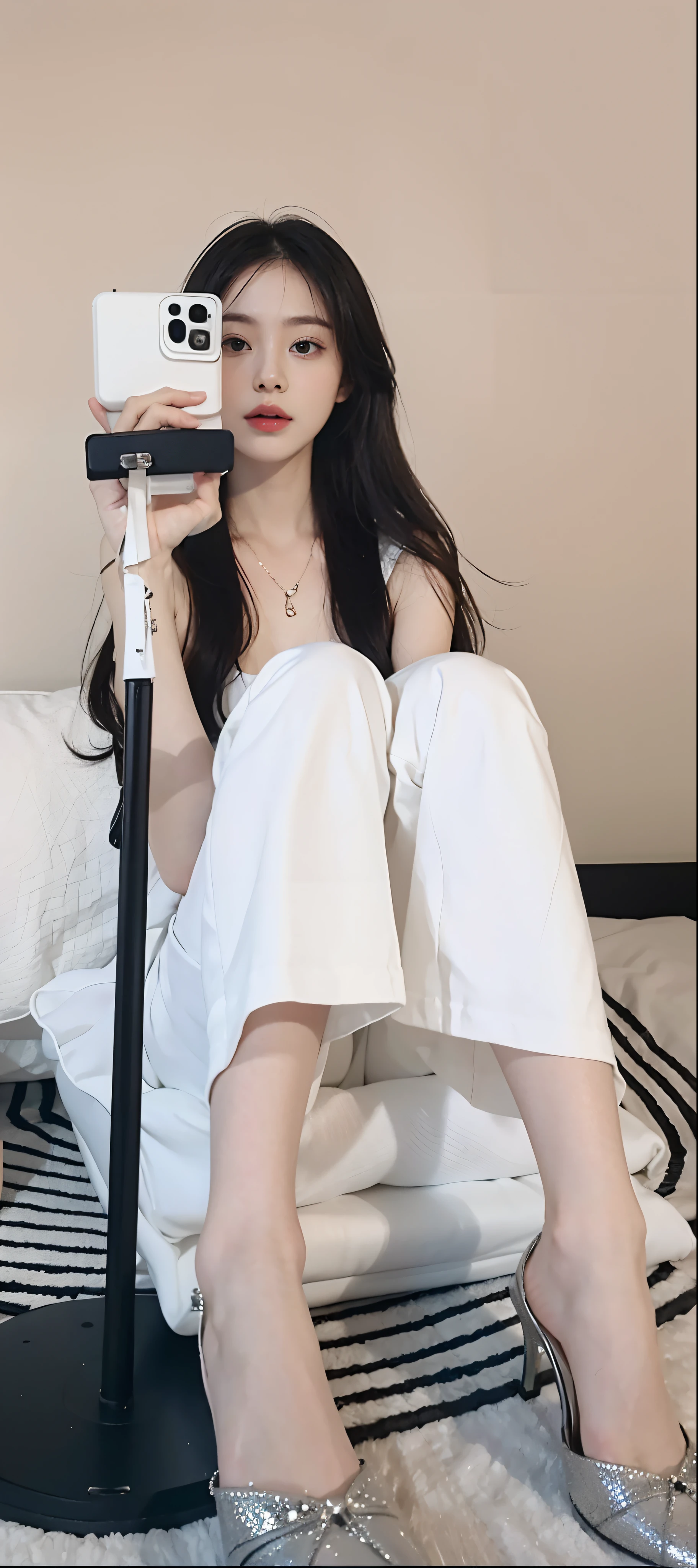 Woman sitting on sofa holding cell phone and camera, smooth white tight clothes suit, full-body xianxia, wearing white clothes, sit on a bed, jia, Sitting on the bed, 1 8 I, dressed a long white, Long thin legs, 19xx, very beautiful long slim legs, white silky outfit, Thin waist, sitting in her room，Wear white high heels，